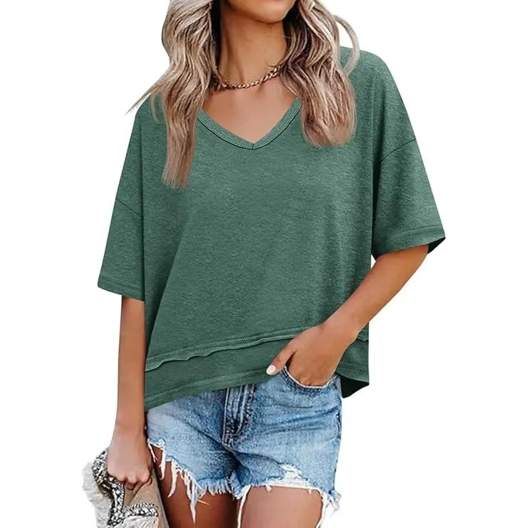 Women's Summer Flattering V Neck T Shirts, Loose Oversized Short Sleeve Flowy Basic Tops Premium Blend Soft Fabric Hide Belly Casual Daily OOTD Tees for Beach Vacation Everyday Outfit