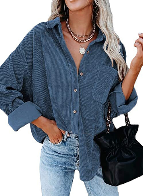Women's Corduroy Shirt with Pocket - Drop Shoulder Style