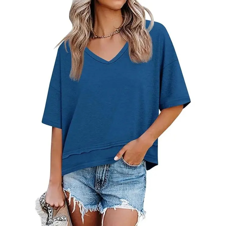 Women's Summer Flattering V Neck T Shirts, Loose Oversized Short Sleeve Flowy Basic Tops Premium Blend Soft Fabric Hide Belly Casual Daily OOTD Tees for Beach Vacation Everyday Outfit