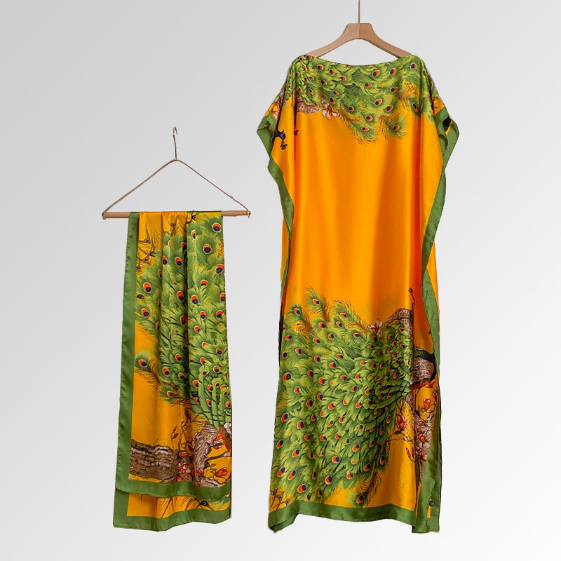 Women's Peacock Print Cape Shawl & Scarf Set, Elegant Beach Cover-Up For Holiday Vacation, Swimsuit Cover Up