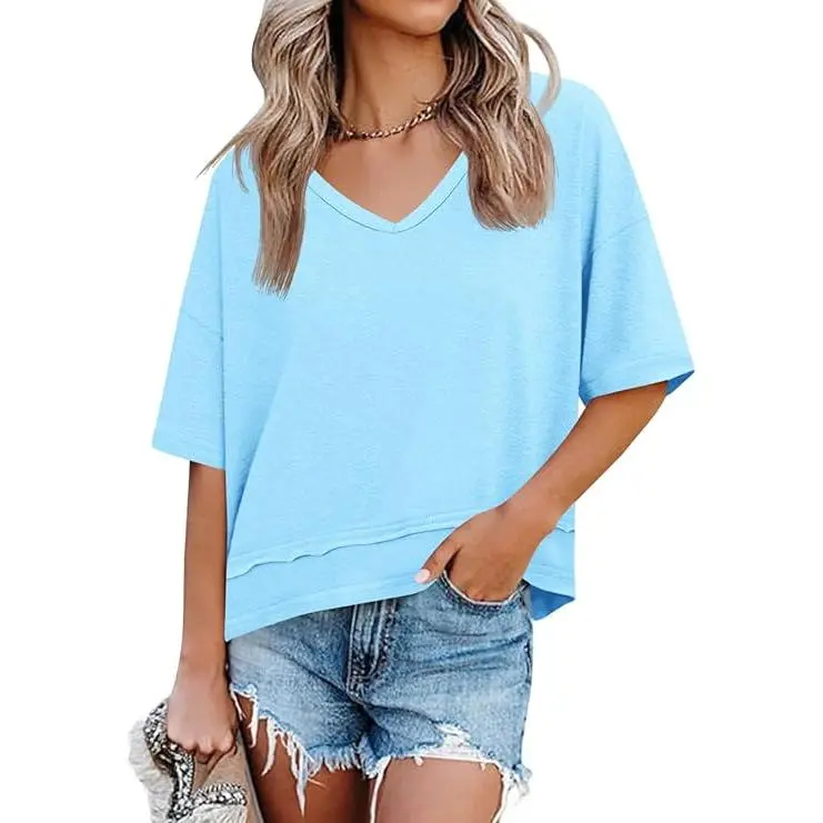 Women's Summer Flattering V Neck T Shirts, Loose Oversized Short Sleeve Flowy Basic Tops Premium Blend Soft Fabric Hide Belly Casual Daily OOTD Tees for Beach Vacation Everyday Outfit