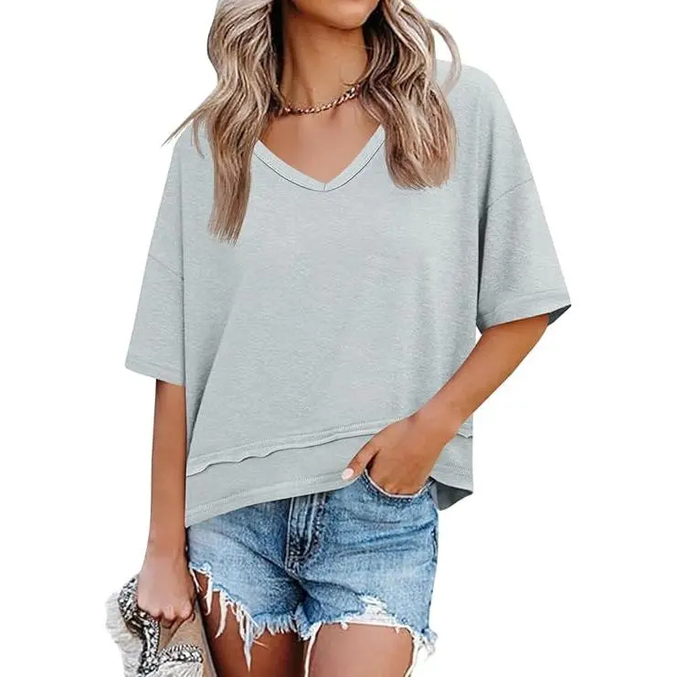 Women's Summer Flattering V Neck T Shirts, Loose Oversized Short Sleeve Flowy Basic Tops Premium Blend Soft Fabric Hide Belly Casual Daily OOTD Tees for Beach Vacation Everyday Outfit