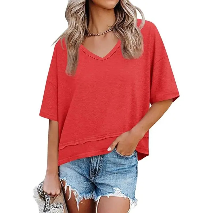 Women's Summer Flattering V Neck T Shirts, Loose Oversized Short Sleeve Flowy Basic Tops Premium Blend Soft Fabric Hide Belly Casual Daily OOTD Tees for Beach Vacation Everyday Outfit