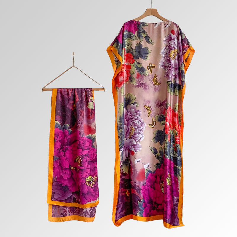 Women's Peacock Print Cape Shawl & Scarf Set, Elegant Beach Cover-Up For Holiday Vacation, Swimsuit Cover Up