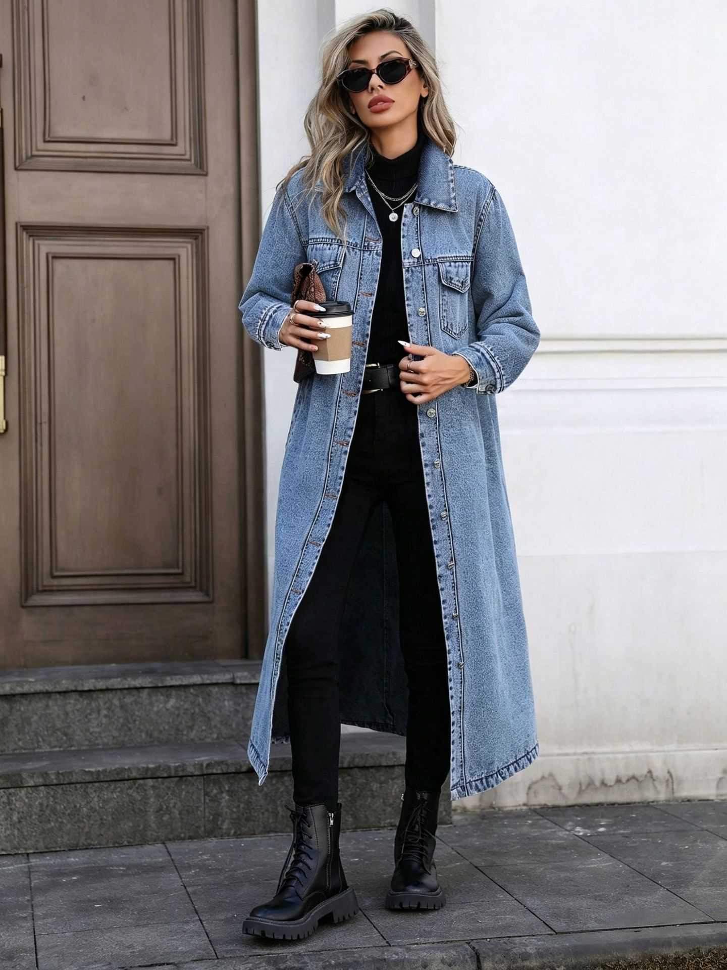 Women's Button Front Denim Coat, Elegant Casual Long Sleeve Denim Jacket for Spring & Fall, Women's Clothing for Daily Wear