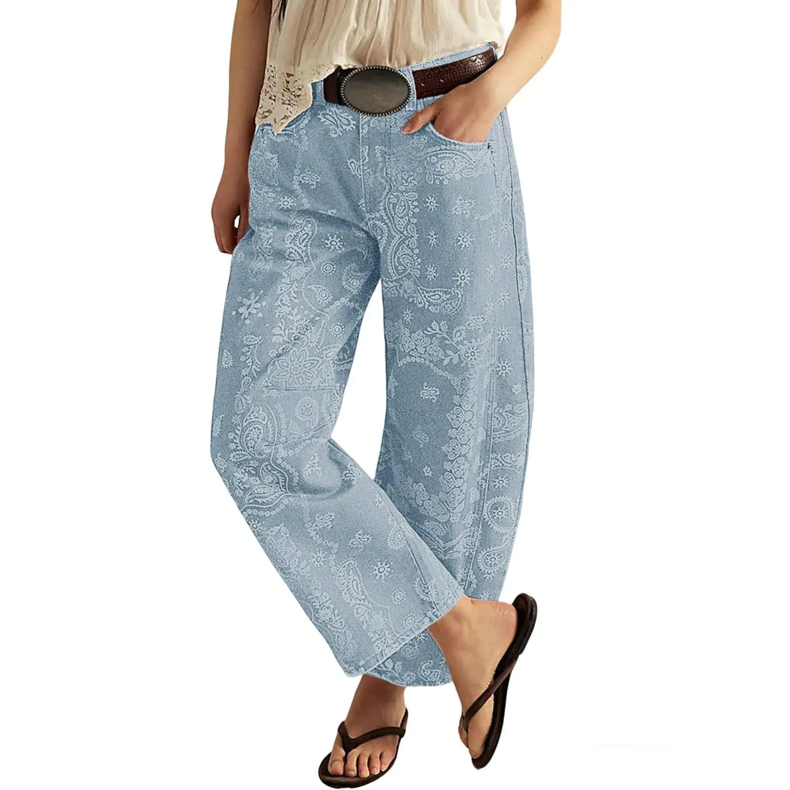 Women's Printed Wide-Leg Jeans Y2k Loose Mid-Rise Jeans in Soft Pink with Boho Floral Pattern Casual Denim Trousers
