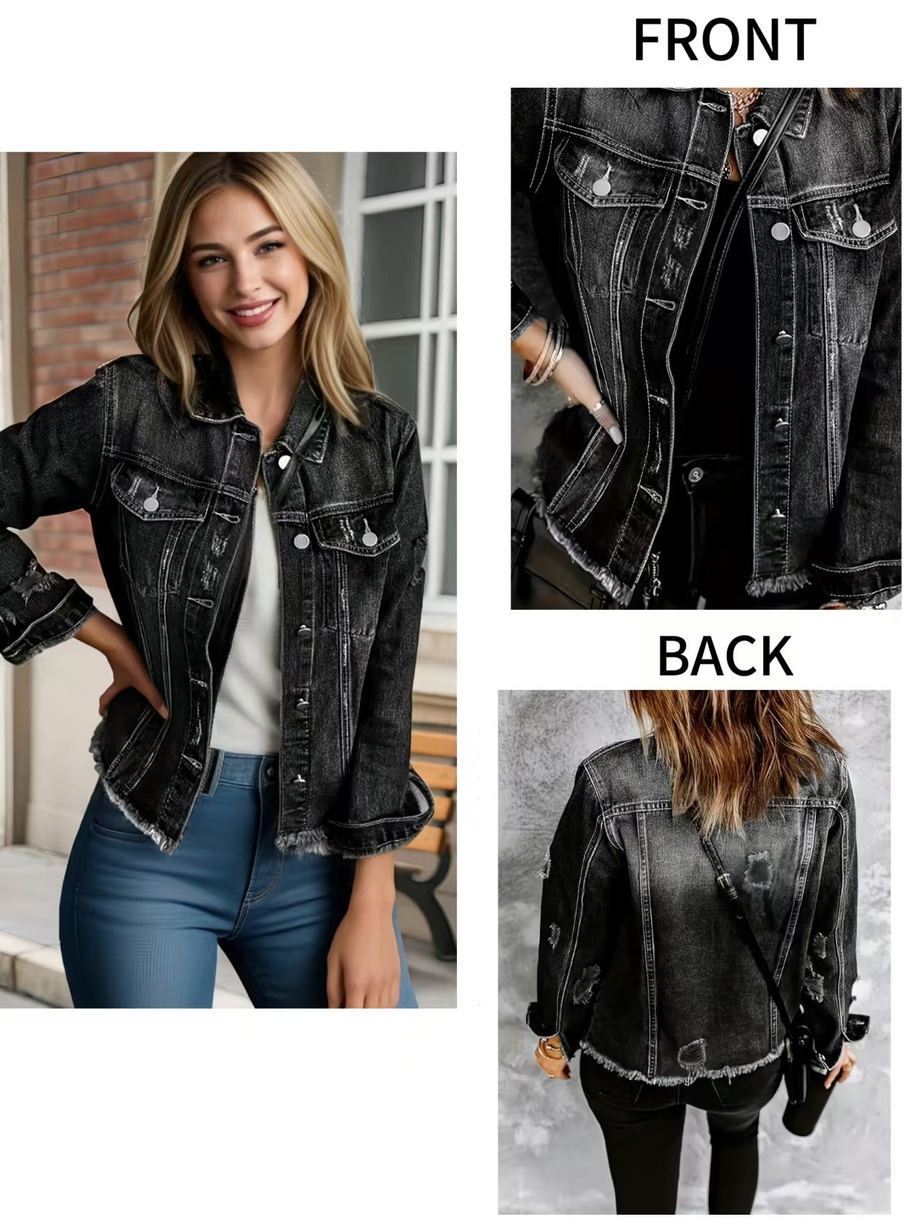 Women's Casual Short Jean Jackets Non Stretch Distressed Ripped  Lapel Long Sleeve Denim Jacket Outwear Tops