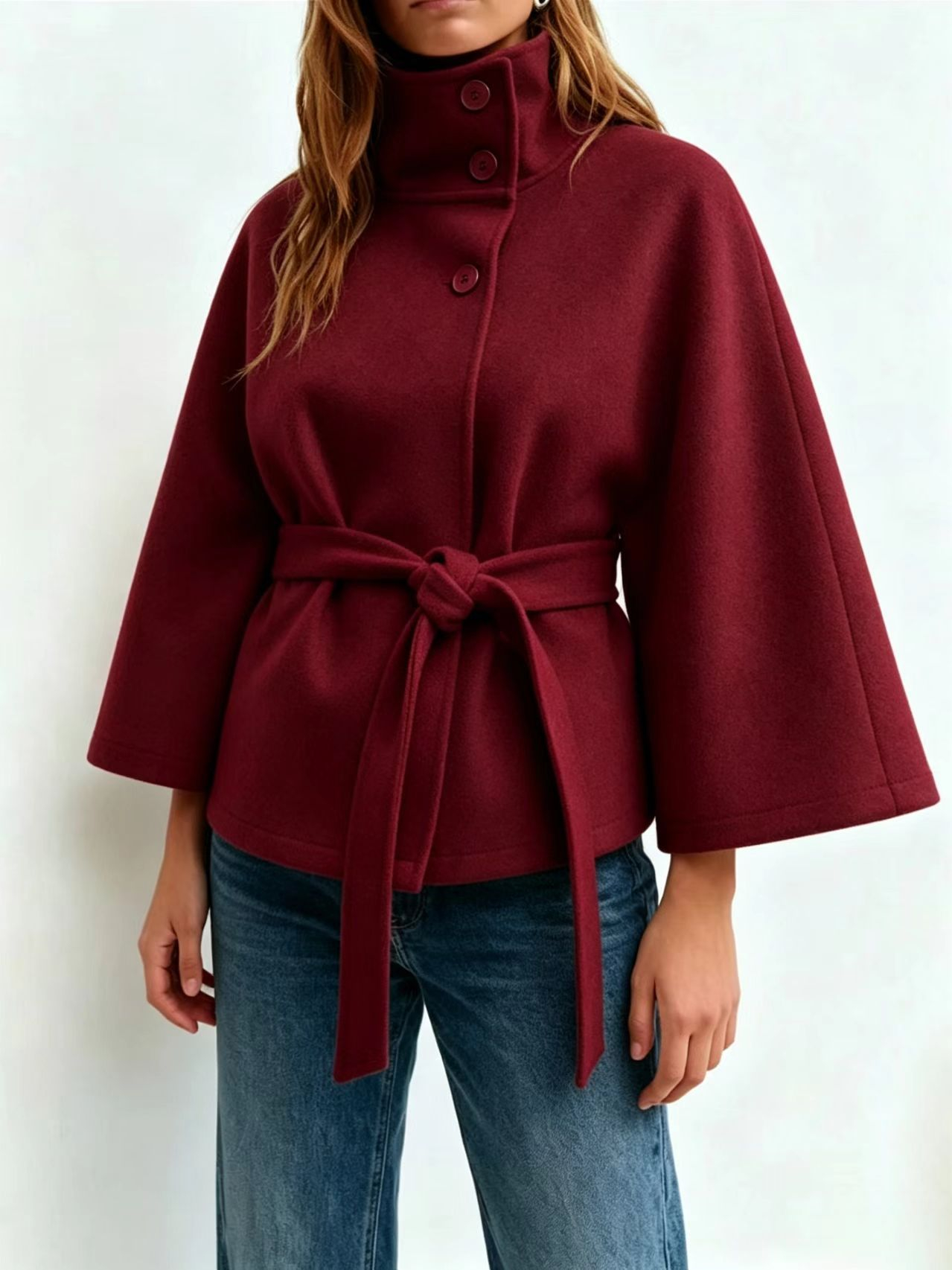 Women's Plain Front Buckle Belted Woolen Cape Coat, Casual Fall & Winter Outerwear, Stylish Daily Wear for Dating, Button