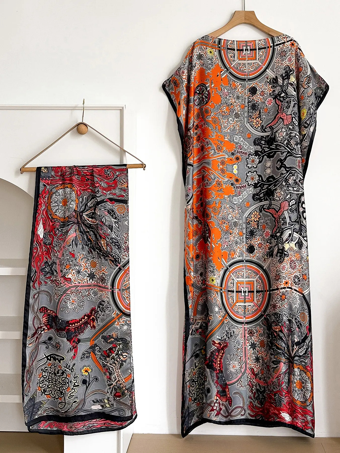 Women's Floral Print Lightweight Long Dress & Scarf Piece Set Outfit, Boho Casual Wear Shawl Dress & Scarf Set for Beach Vacation Holiday, Ladies Clothes for All Seasons