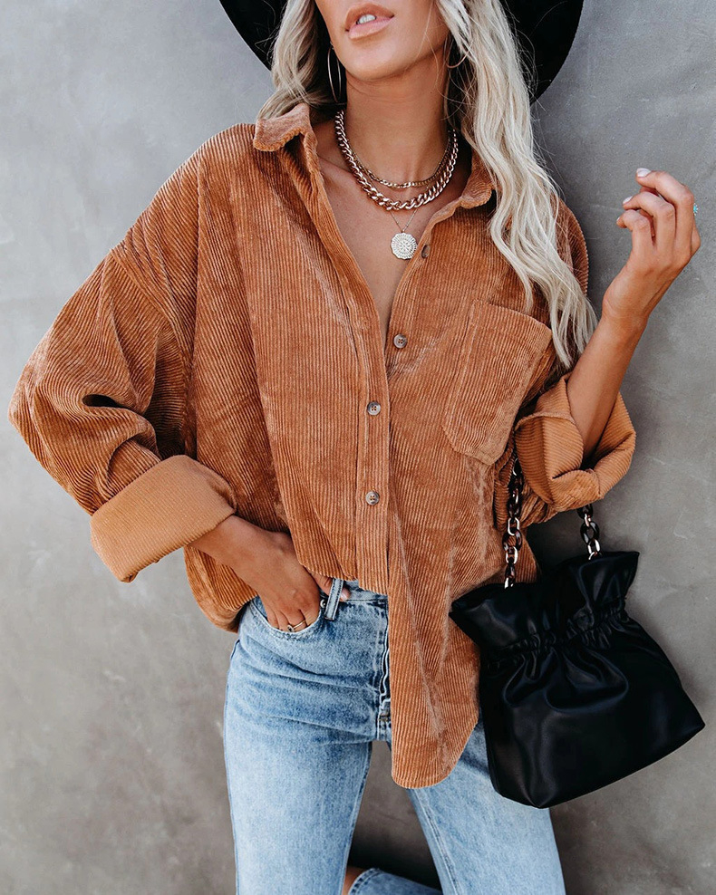 Women's Corduroy Shirt with Pocket - Drop Shoulder Style