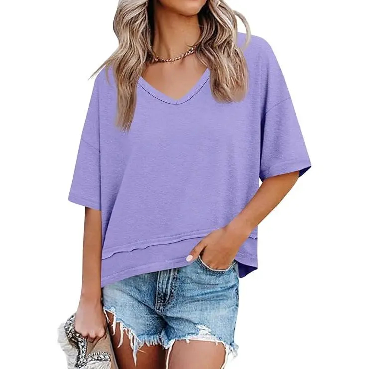 Women's Summer Flattering V Neck T Shirts, Loose Oversized Short Sleeve Flowy Basic Tops Premium Blend Soft Fabric Hide Belly Casual Daily OOTD Tees for Beach Vacation Everyday Outfit