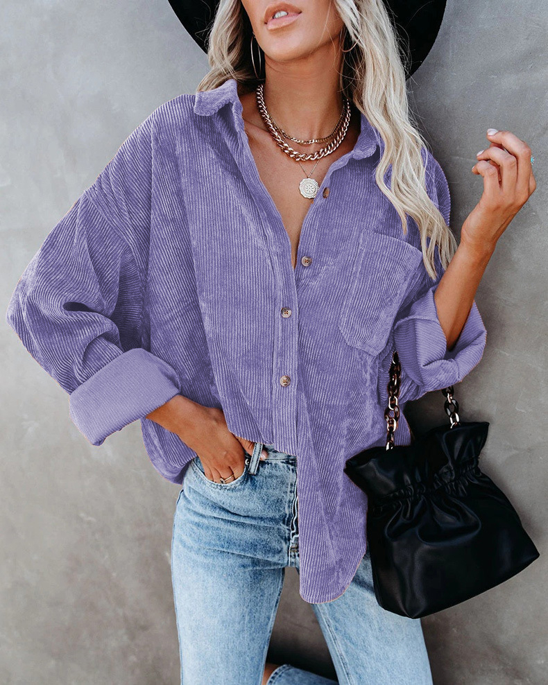 Women's Corduroy Shirt with Pocket - Drop Shoulder Style