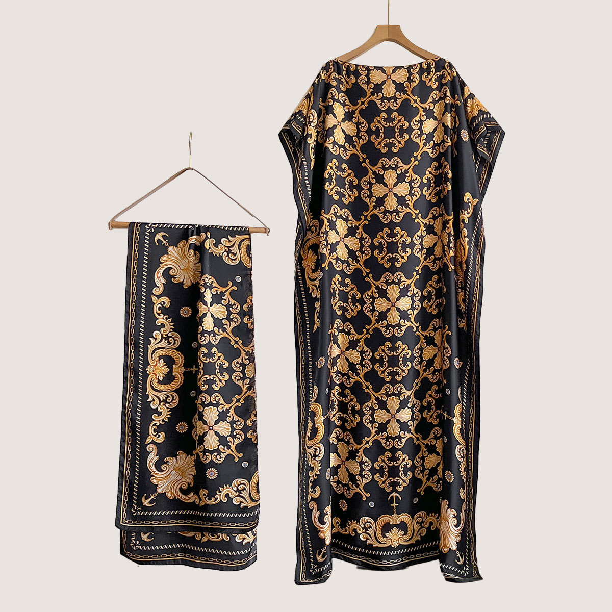 Women's Peacock Print Cape Shawl & Scarf Set, Elegant Beach Cover-Up For Holiday Vacation, Swimsuit Cover Up