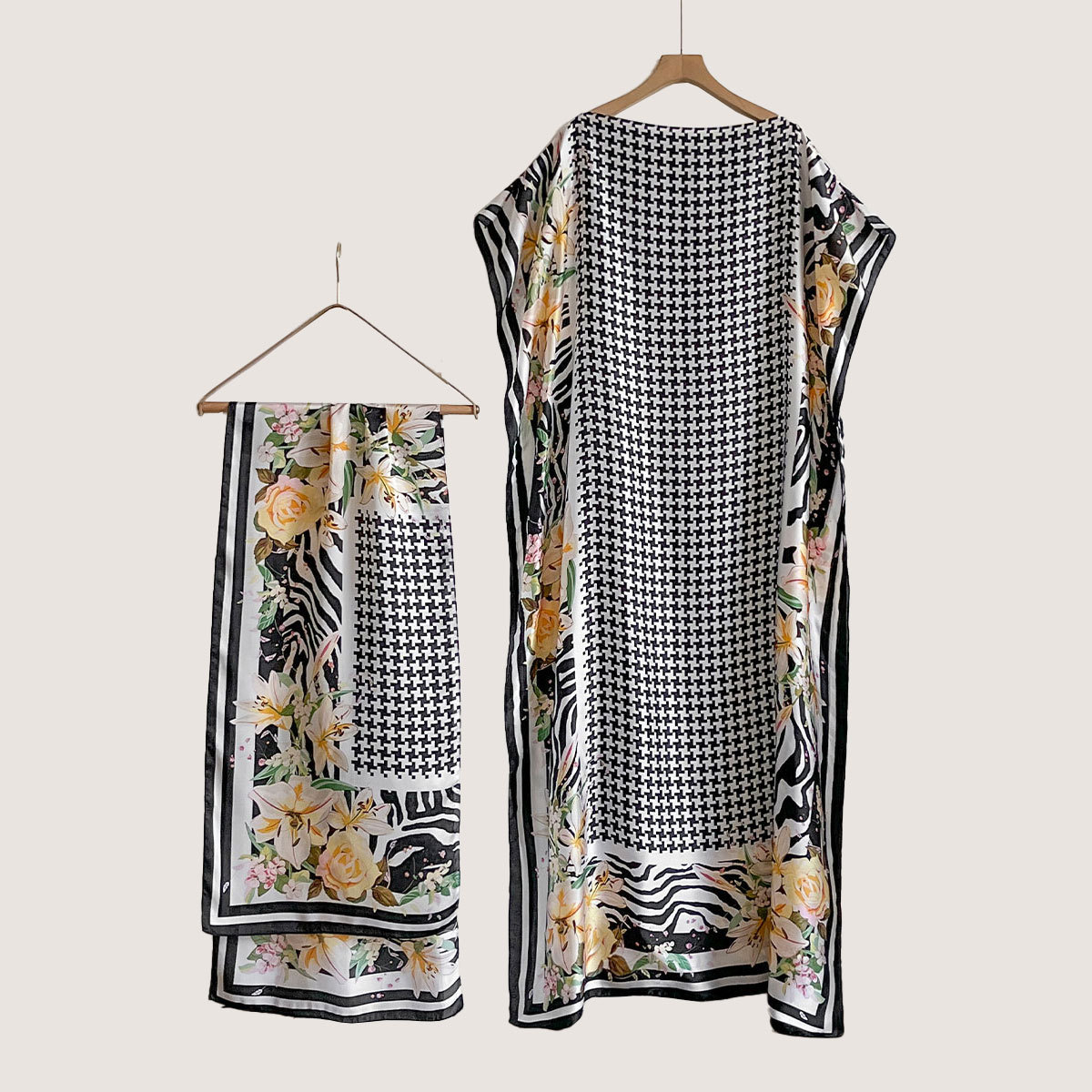 Women's Peacock Print Cape Shawl & Scarf Set, Elegant Beach Cover-Up For Holiday Vacation, Swimsuit Cover Up