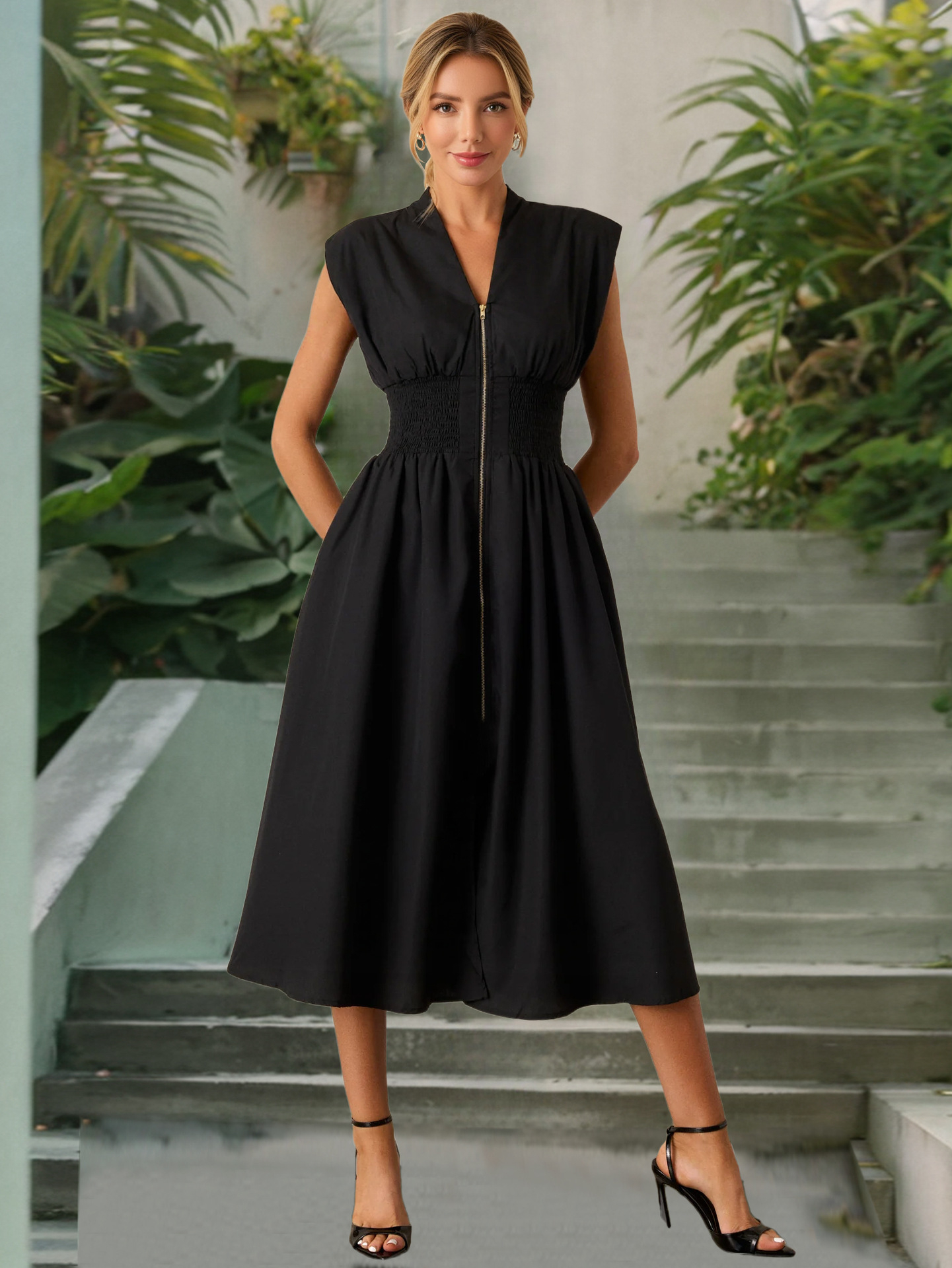 Summer Smocked Midi Dress - Elegant V-Neck