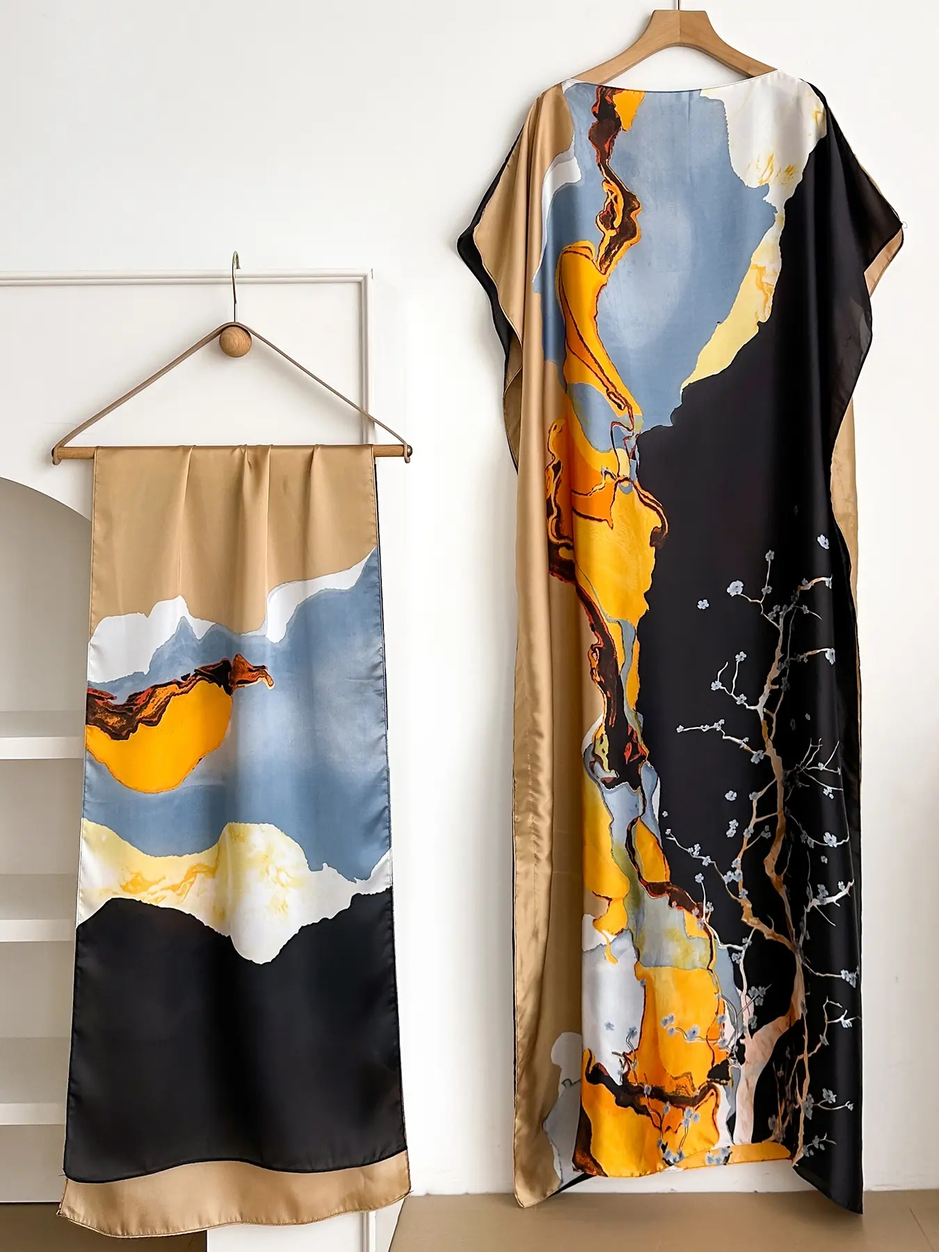 Women's Floral Print Lightweight Long Dress & Scarf Piece Set Outfit, Boho Casual Wear Shawl Dress & Scarf Set for Beach Vacation Holiday, Ladies Clothes for All Seasons