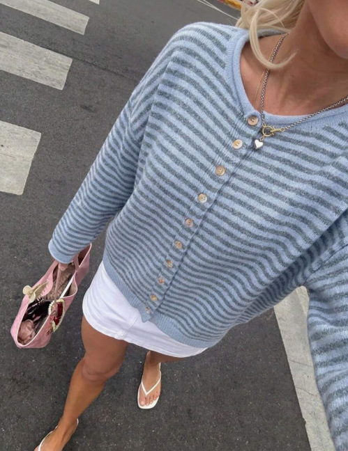 Women's Striped Knit Cardigan Sweater Casual Long Sleeve