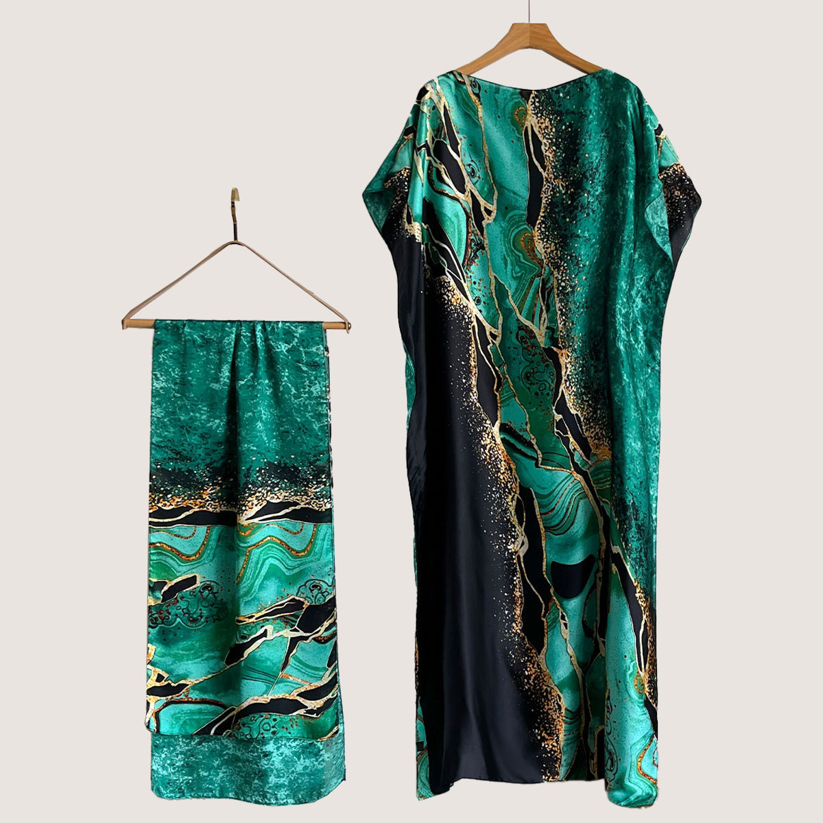 Women's Peacock Print Cape Shawl & Scarf Set, Elegant Beach Cover-Up For Holiday Vacation, Swimsuit Cover Up