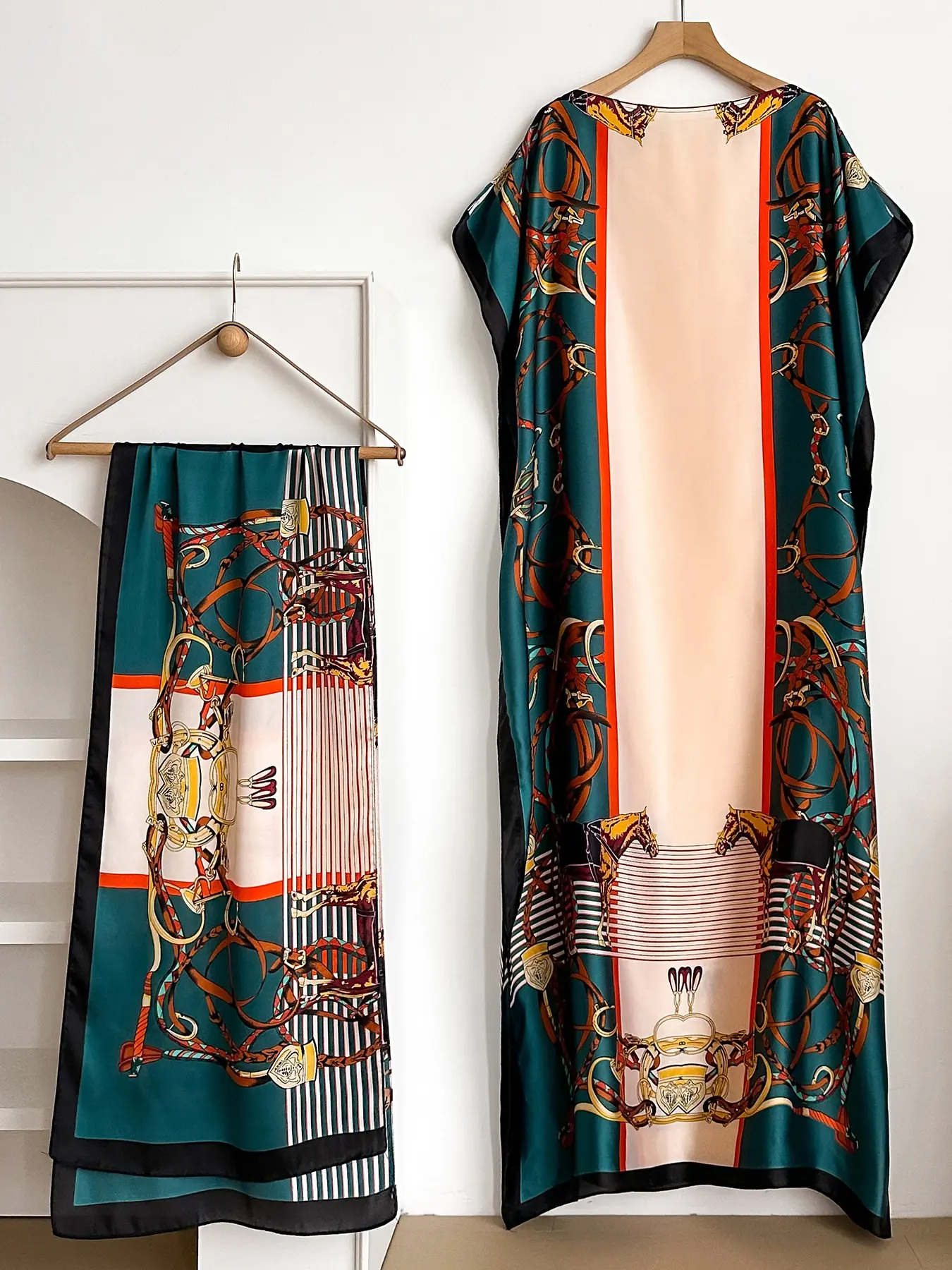 Women's Floral Print Lightweight Long Dress & Scarf Piece Set Outfit, Boho Casual Wear Shawl Dress & Scarf Set for Beach Vacation Holiday, Ladies Clothes for All Seasons