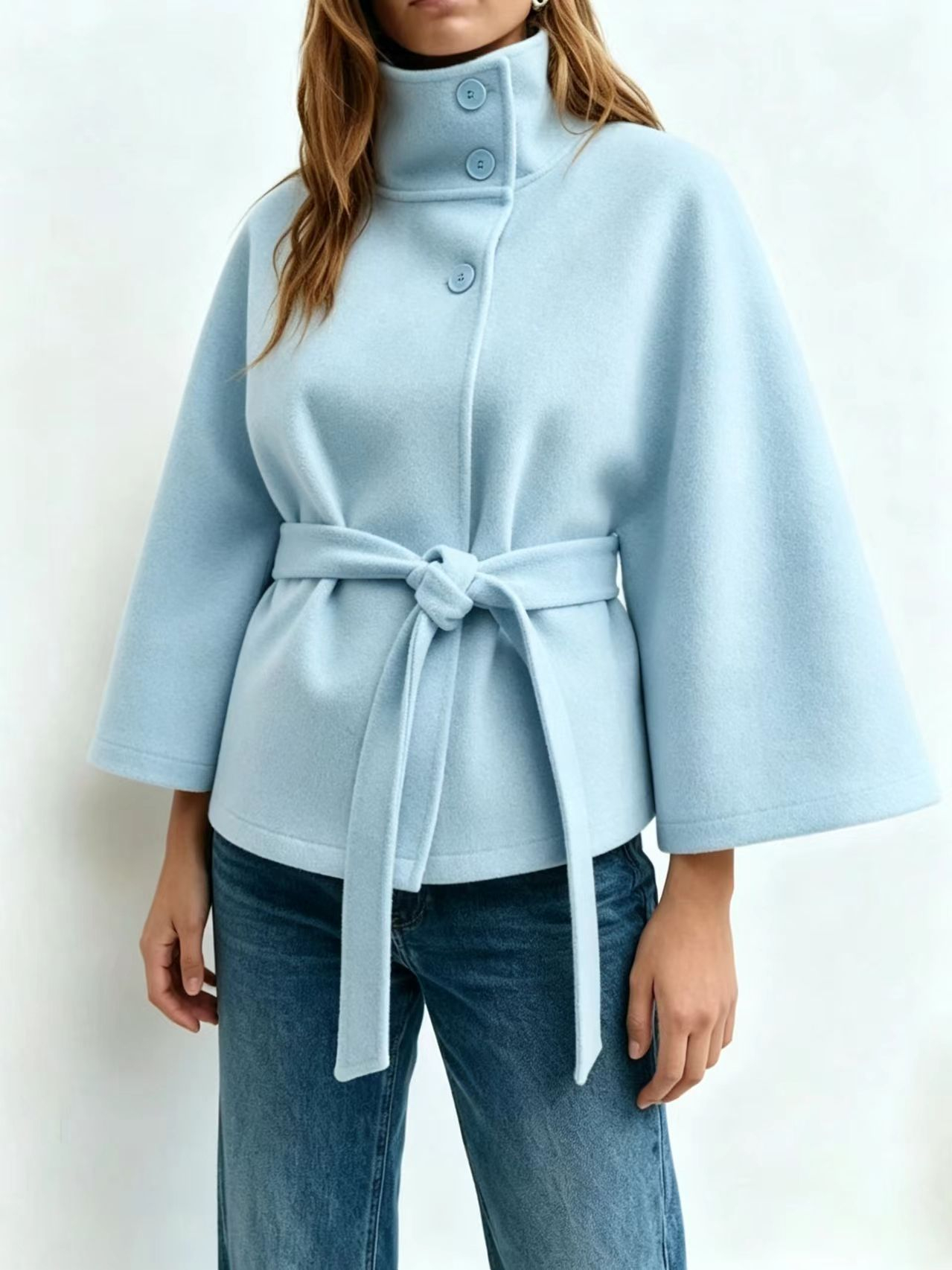 Women's Plain Front Buckle Belted Woolen Cape Coat, Casual Fall & Winter Outerwear, Stylish Daily Wear for Dating, Button