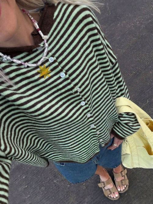 Women's Striped Knit Cardigan Sweater Casual Long Sleeve
