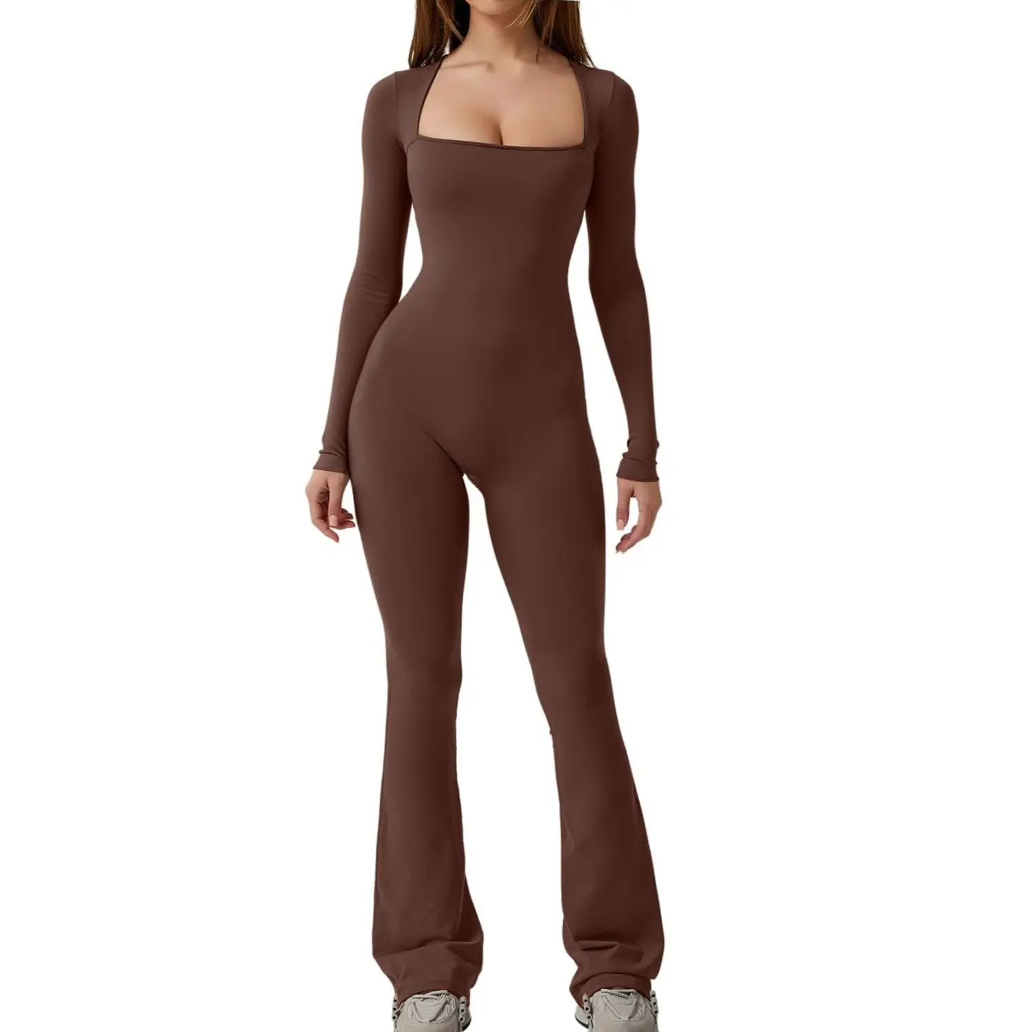 low neckline Jumpsuits for Women Square Neck Wide Leg Full Length Romper Playsuit
