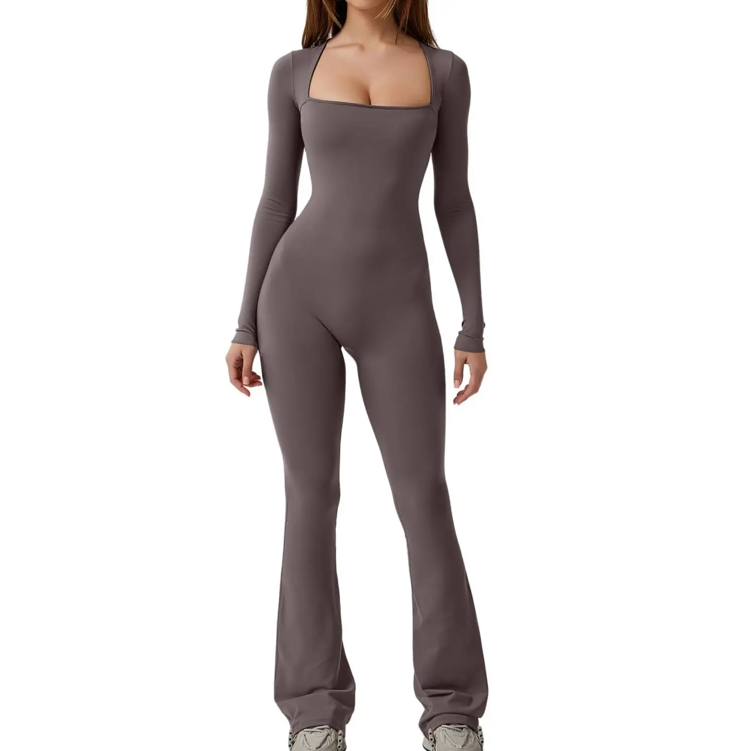 low neckline Jumpsuits for Women Square Neck Wide Leg Full Length Romper Playsuit