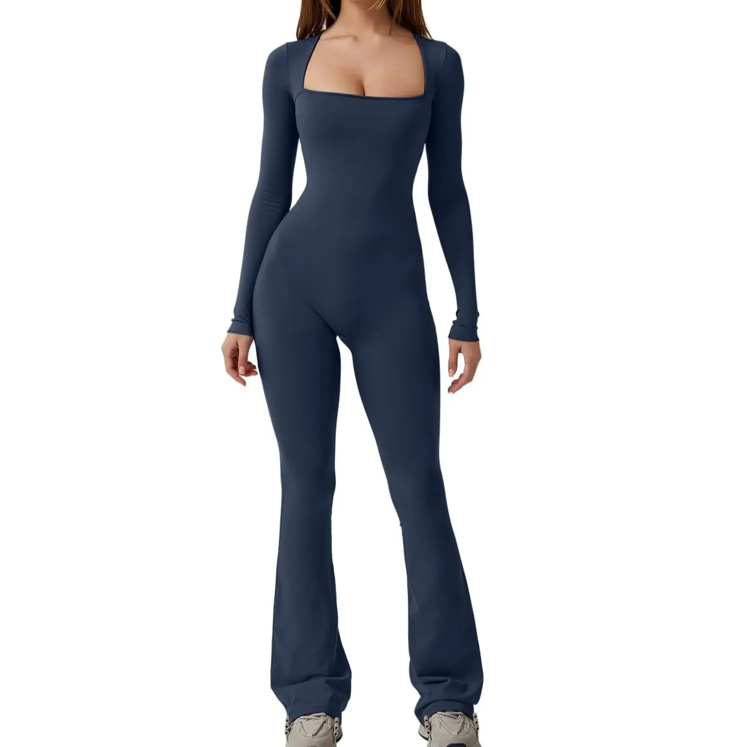 low neckline Jumpsuits for Women Square Neck Wide Leg Full Length Romper Playsuit