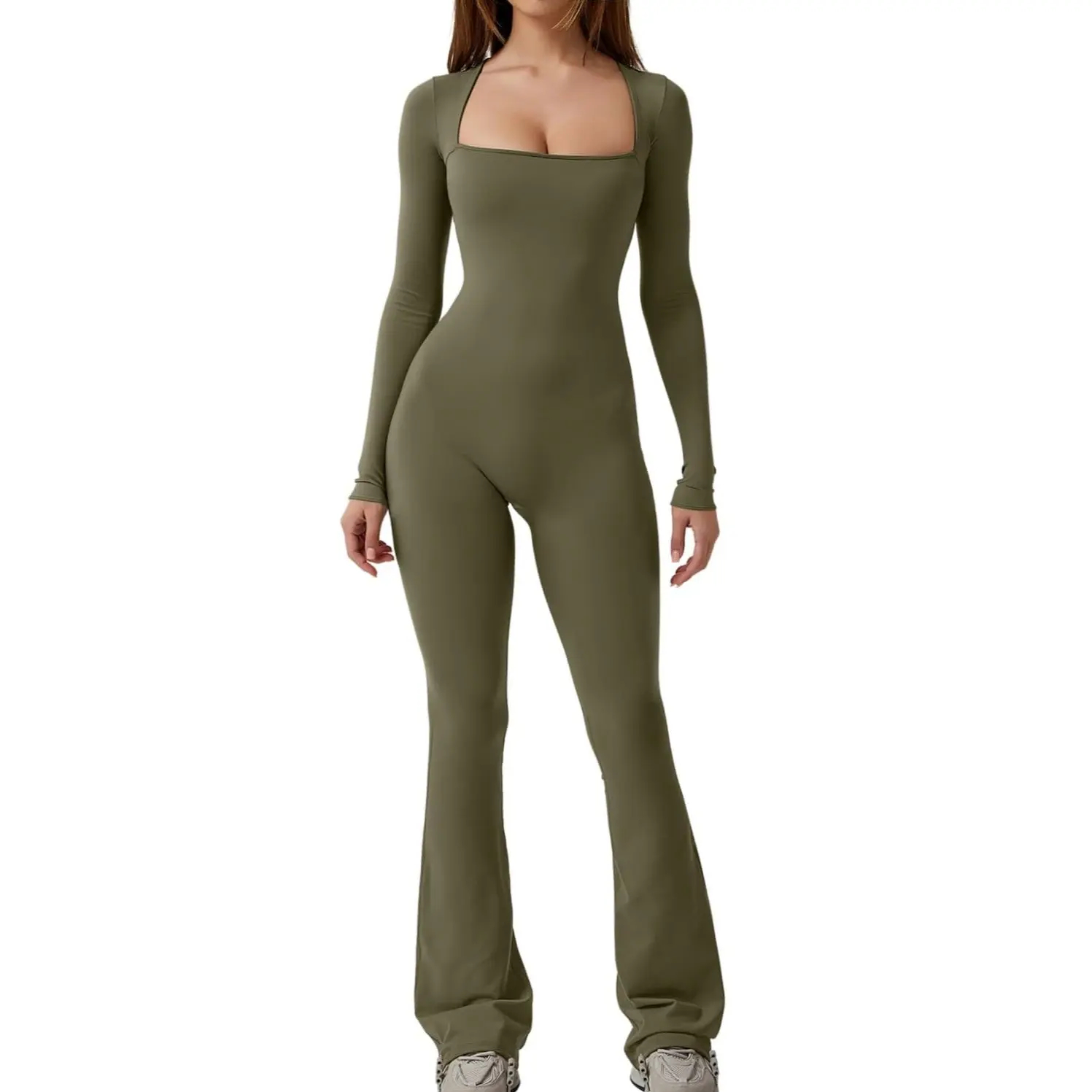 low neckline Jumpsuits for Women Square Neck Wide Leg Full Length Romper Playsuit