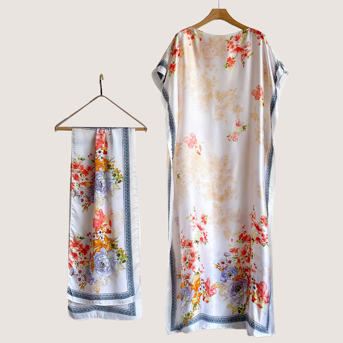 Women's Peacock Print Cape Shawl & Scarf Set, Elegant Beach Cover-Up For Holiday Vacation, Swimsuit Cover Up