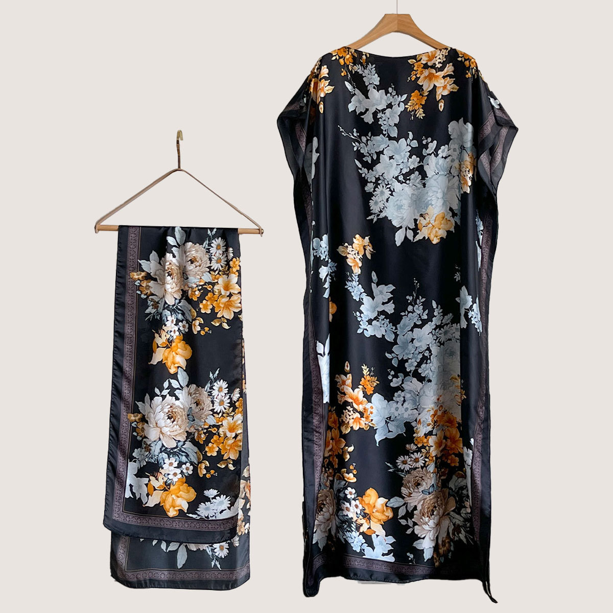 Women's Peacock Print Cape Shawl & Scarf Set, Elegant Beach Cover-Up For Holiday Vacation, Swimsuit Cover Up