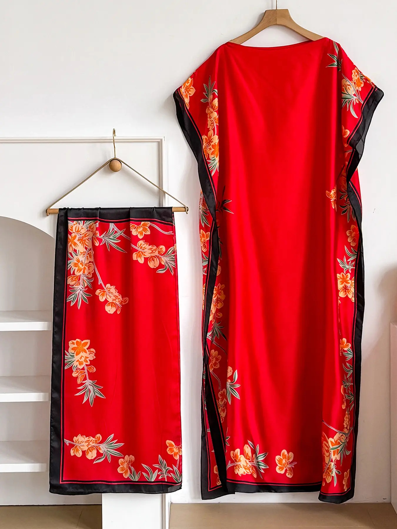 Women's Floral Print Lightweight Long Dress & Scarf Piece Set Outfit, Boho Casual Wear Shawl Dress & Scarf Set for Beach Vacation Holiday, Ladies Clothes for All Seasons