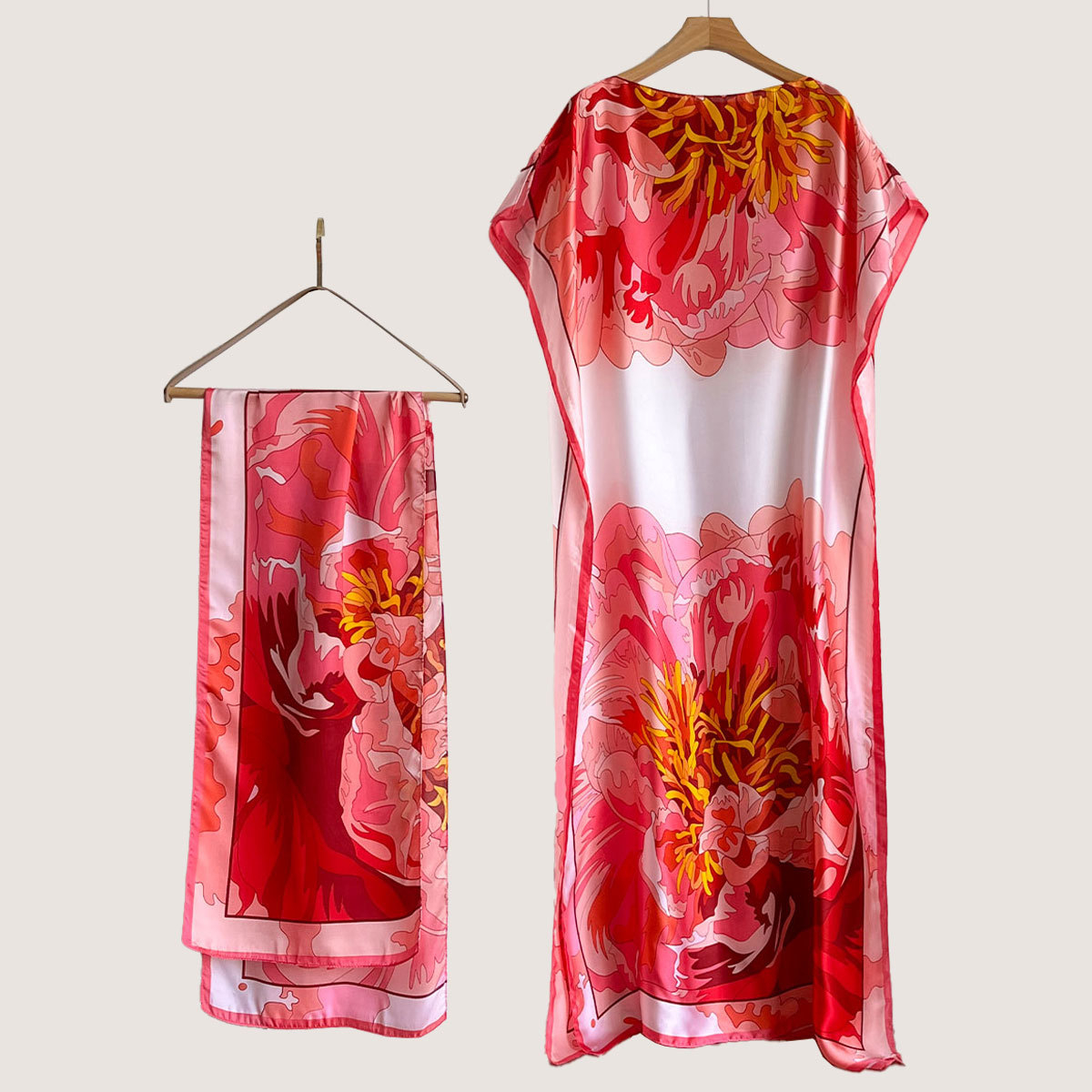 Women's Peacock Print Cape Shawl & Scarf Set, Elegant Beach Cover-Up For Holiday Vacation, Swimsuit Cover Up