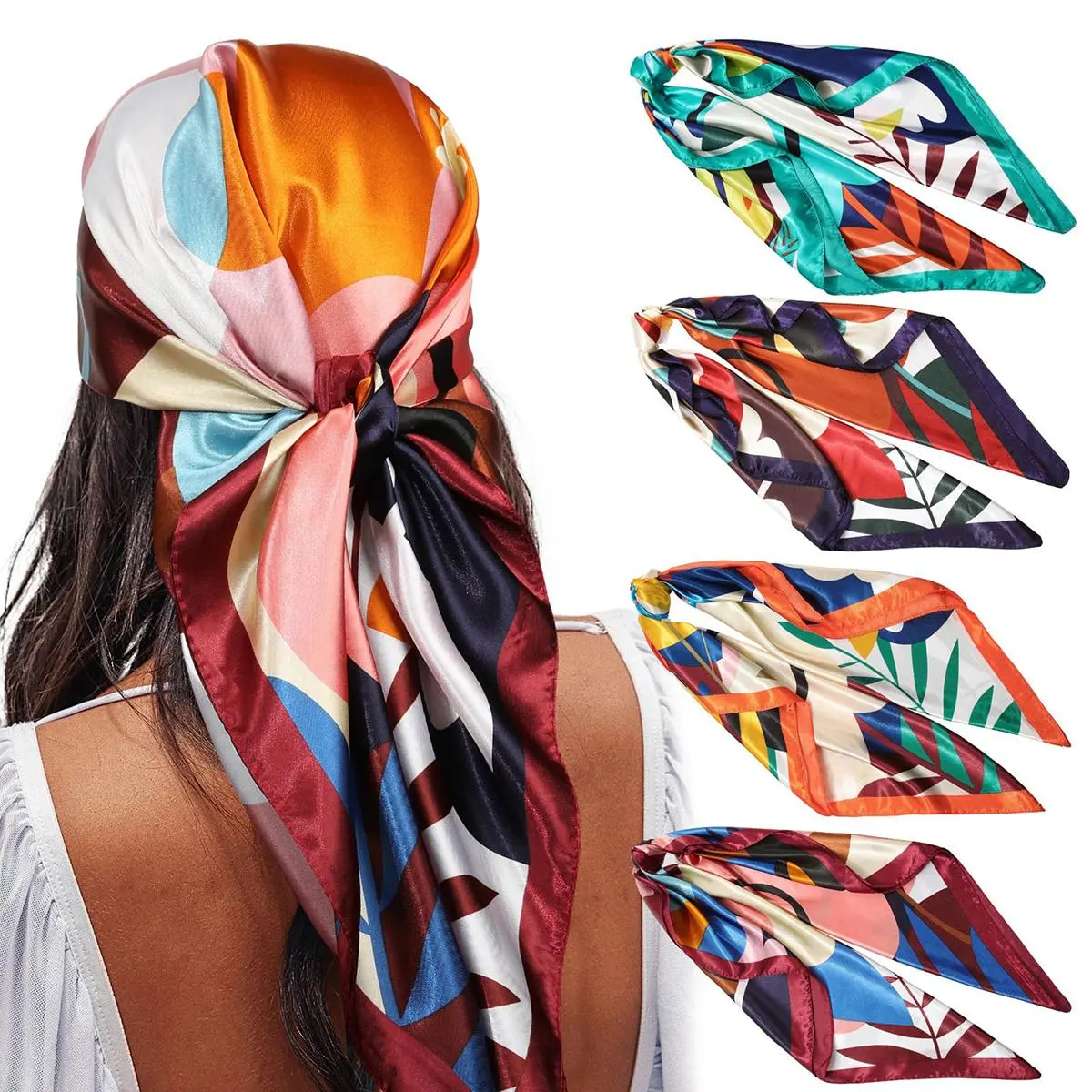 4 Pack Shawl Scarf Set for Women, 35" Large Square Silk-Like Satin Head Wrap, Allover Print Fashion Neck Shawl Accessories for Women, Floral Print Scarf, Decorative Scarf