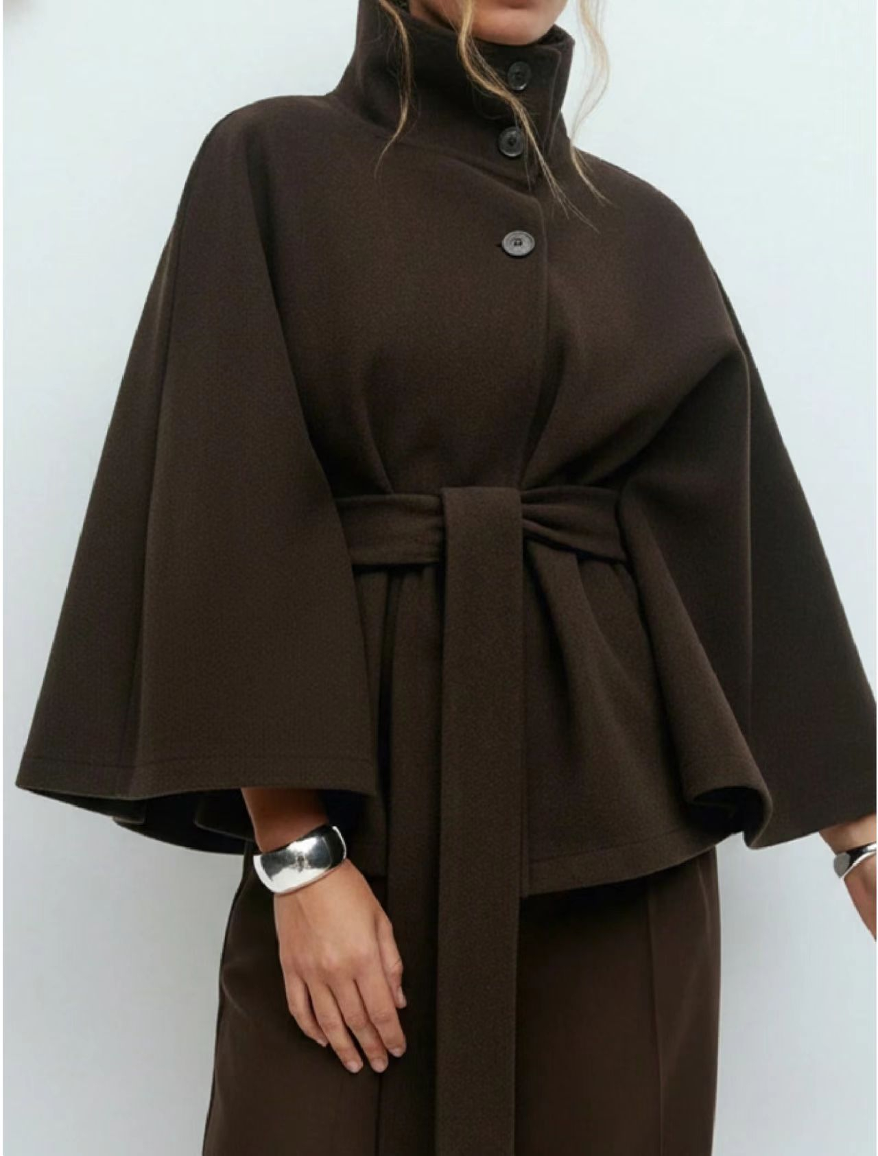 Women's Plain Front Buckle Belted Woolen Cape Coat, Casual Fall & Winter Outerwear, Stylish Daily Wear for Dating, Button