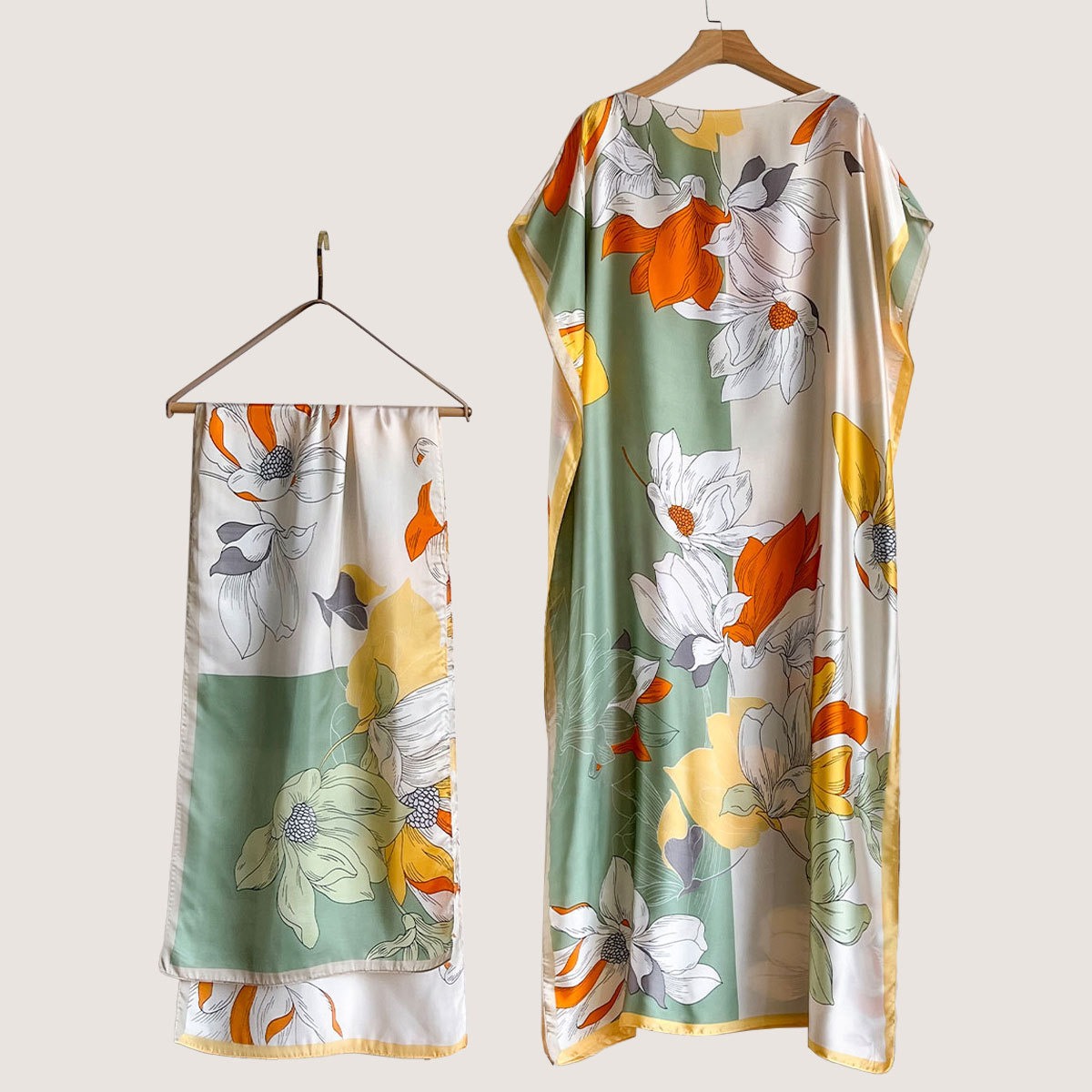 Women's Peacock Print Cape Shawl & Scarf Set, Elegant Beach Cover-Up For Holiday Vacation, Swimsuit Cover Up