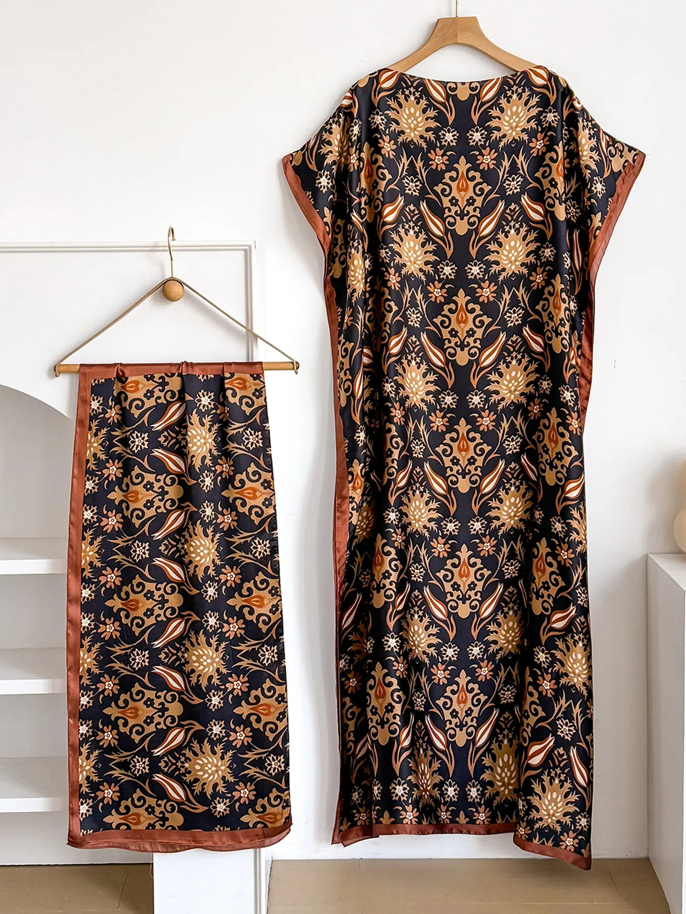 Women's Floral Print Lightweight Long Dress & Scarf Piece Set Outfit, Boho Casual Wear Shawl Dress & Scarf Set for Beach Vacation Holiday, Ladies Clothes for All Seasons