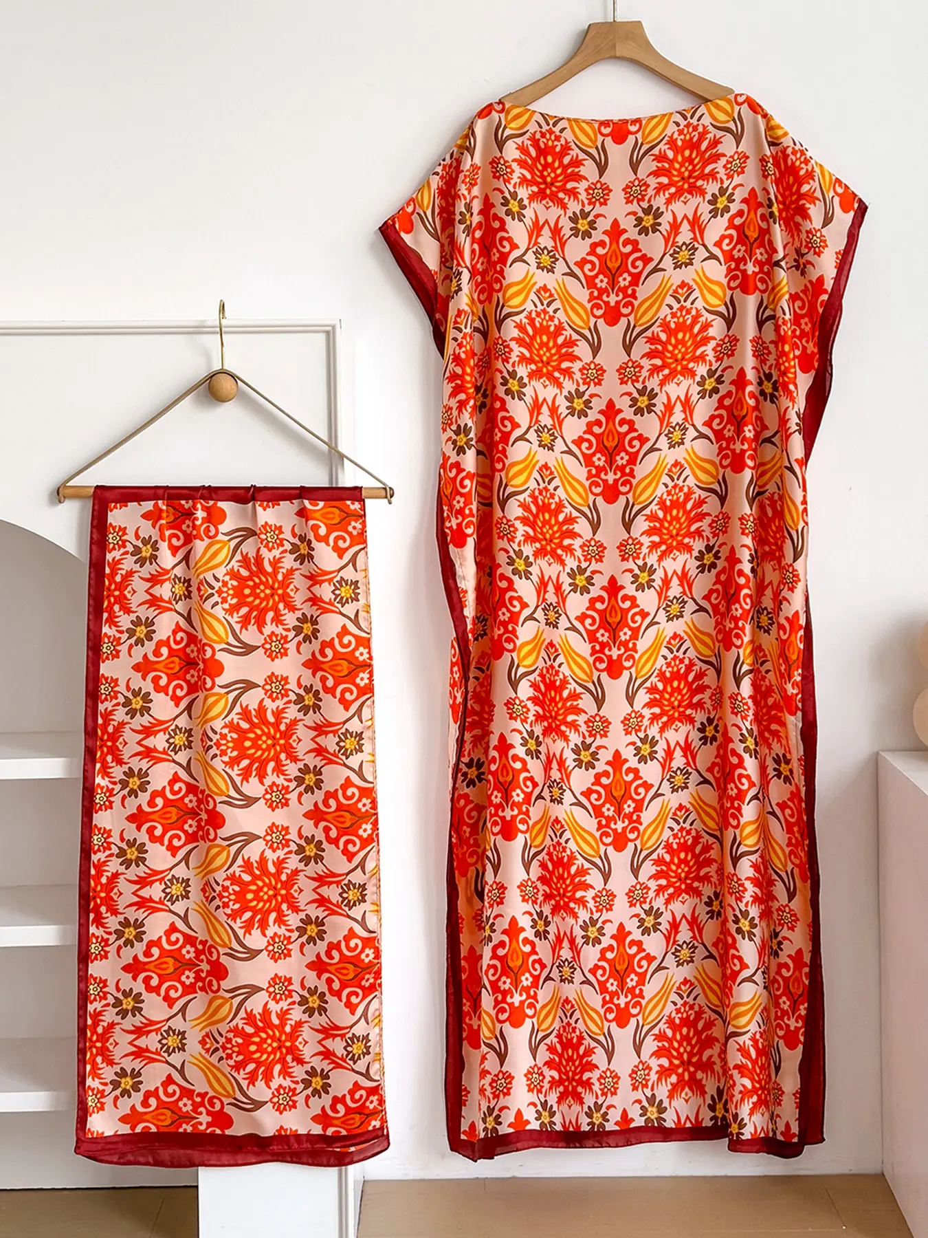 Women's Floral Print Lightweight Long Dress & Scarf Piece Set Outfit, Boho Casual Wear Shawl Dress & Scarf Set for Beach Vacation Holiday, Ladies Clothes for All Seasons
