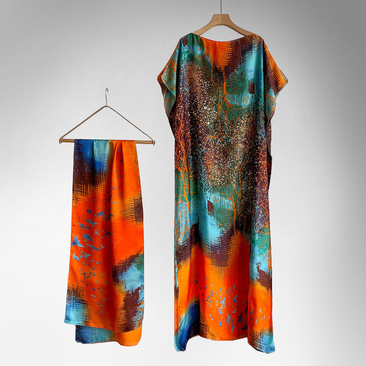 Women's Peacock Print Cape Shawl & Scarf Set, Elegant Beach Cover-Up For Holiday Vacation, Swimsuit Cover Up