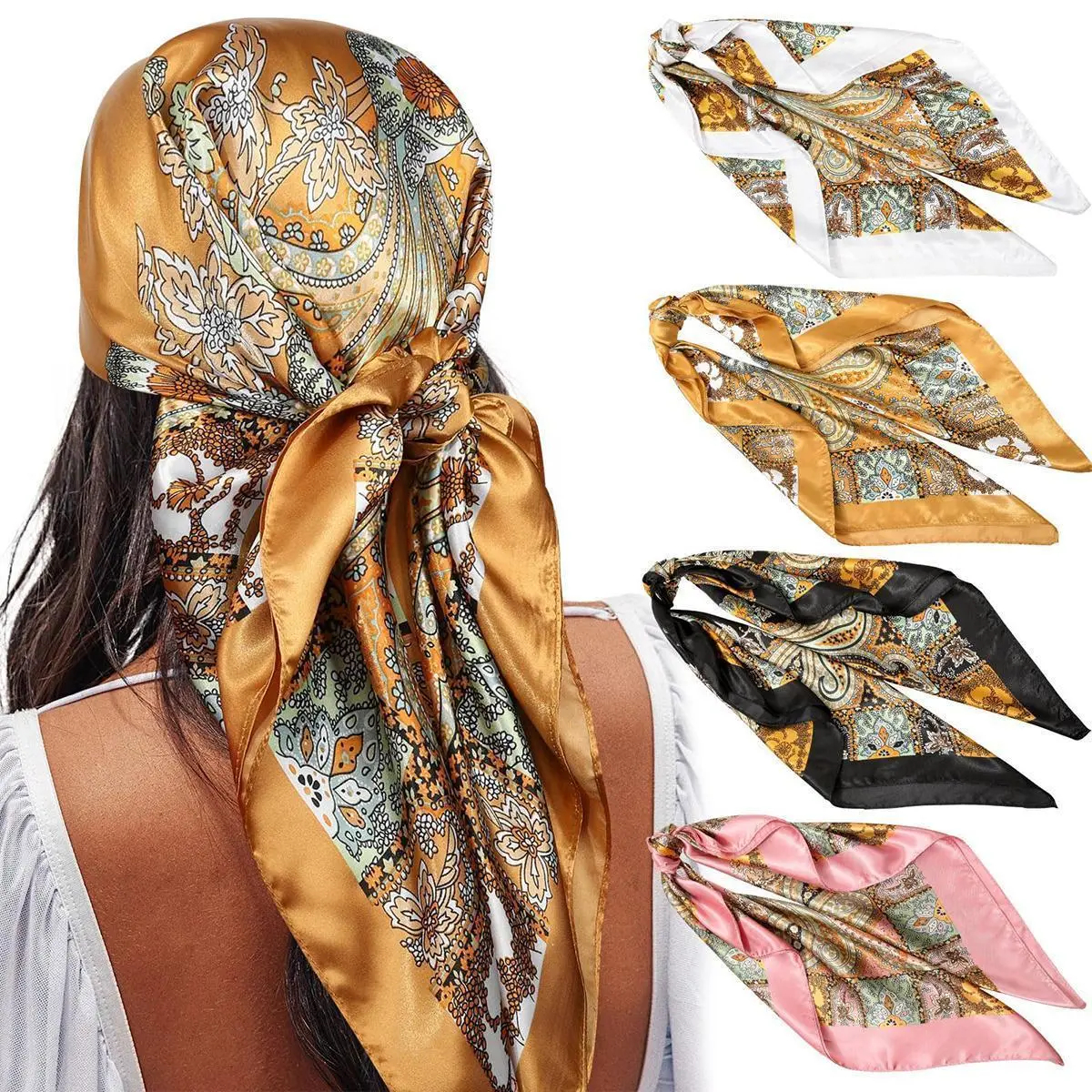 4 Pack Shawl Scarf Set for Women, 35" Large Square Silk-Like Satin Head Wrap, Allover Print Fashion Neck Shawl Accessories for Women, Floral Print Scarf, Decorative Scarf