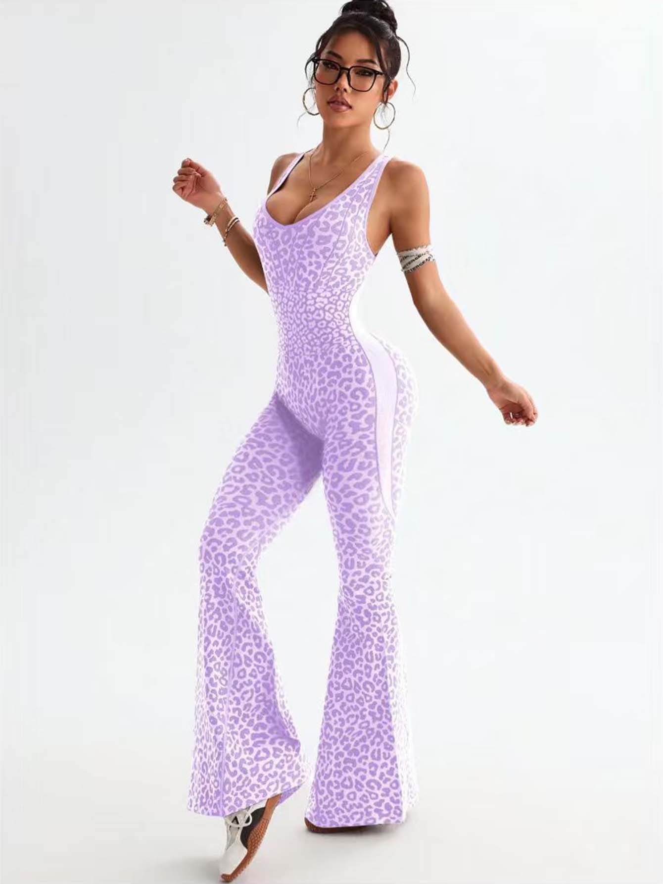 Women's Leopard Print Flared Sports Jumpsuit - Backless Hollow Cross-Twisted Back, High-Waisted, Cooling Quick-Drying, Figure-Flattering Gym Apparel, Sports Clothes, Casual Style for Yoga/Outdoor, Clothes for Women