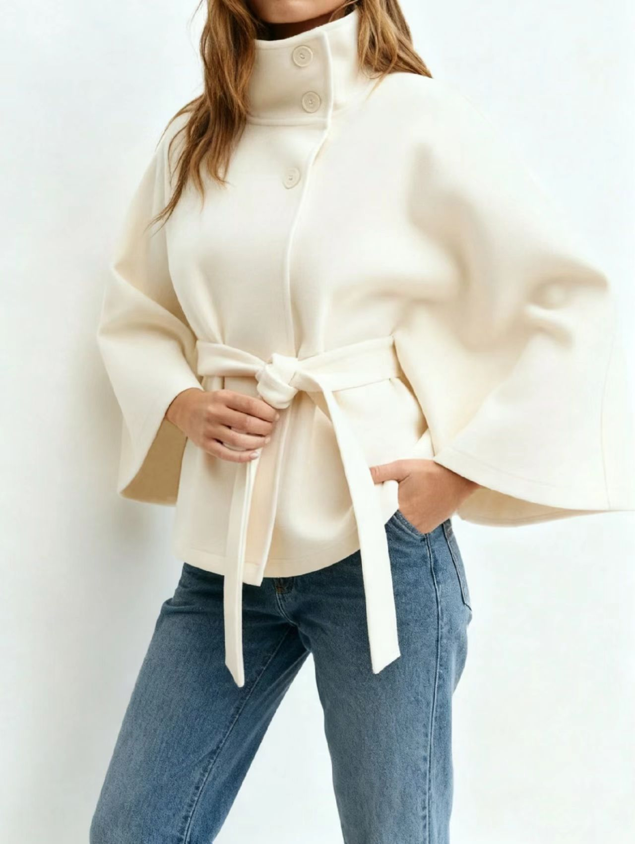 Women's Plain Front Buckle Belted Woolen Cape Coat, Casual Fall & Winter Outerwear, Stylish Daily Wear for Dating, Button