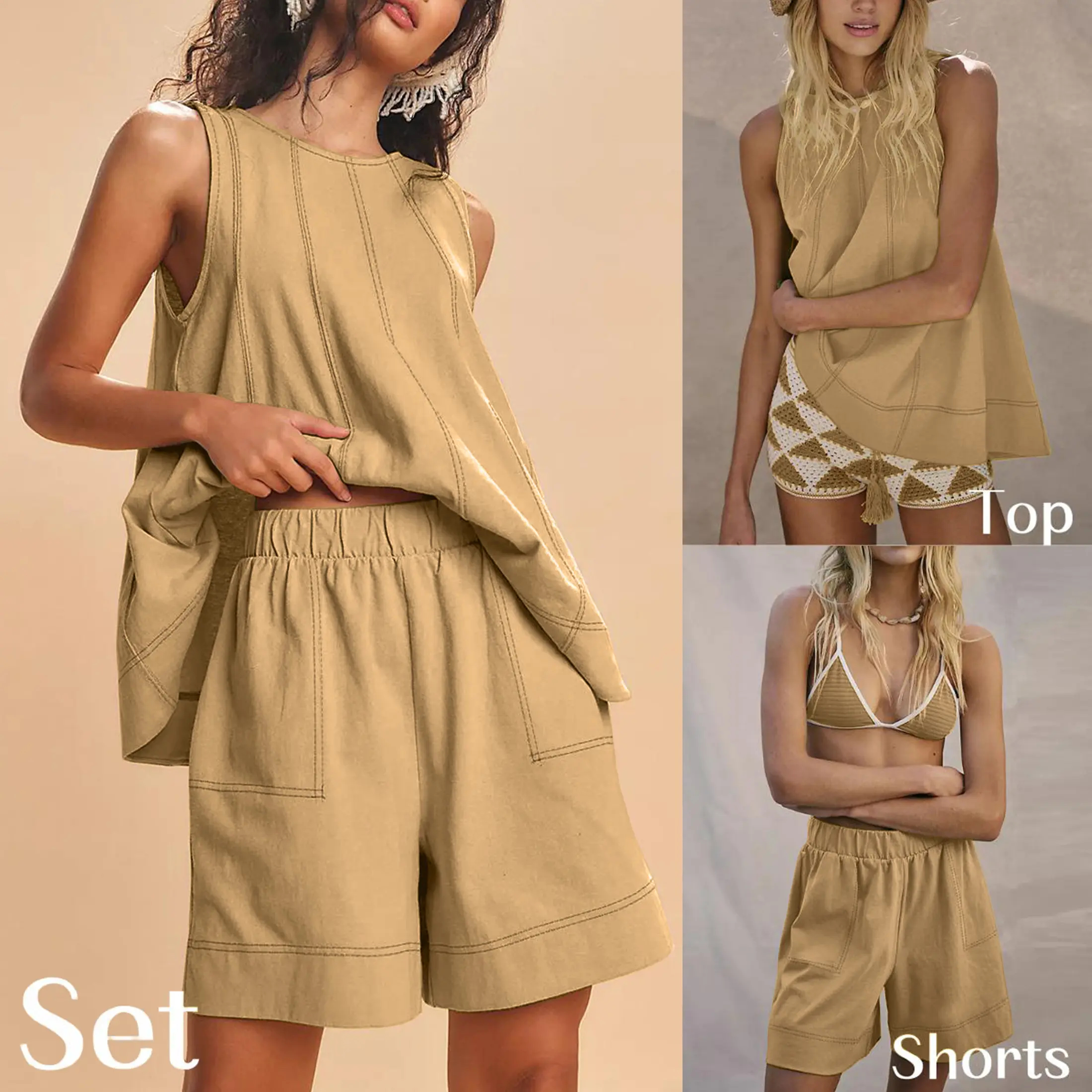 Cotton Two Piece Outfit - A-Line Tank & High-Waist Shorts