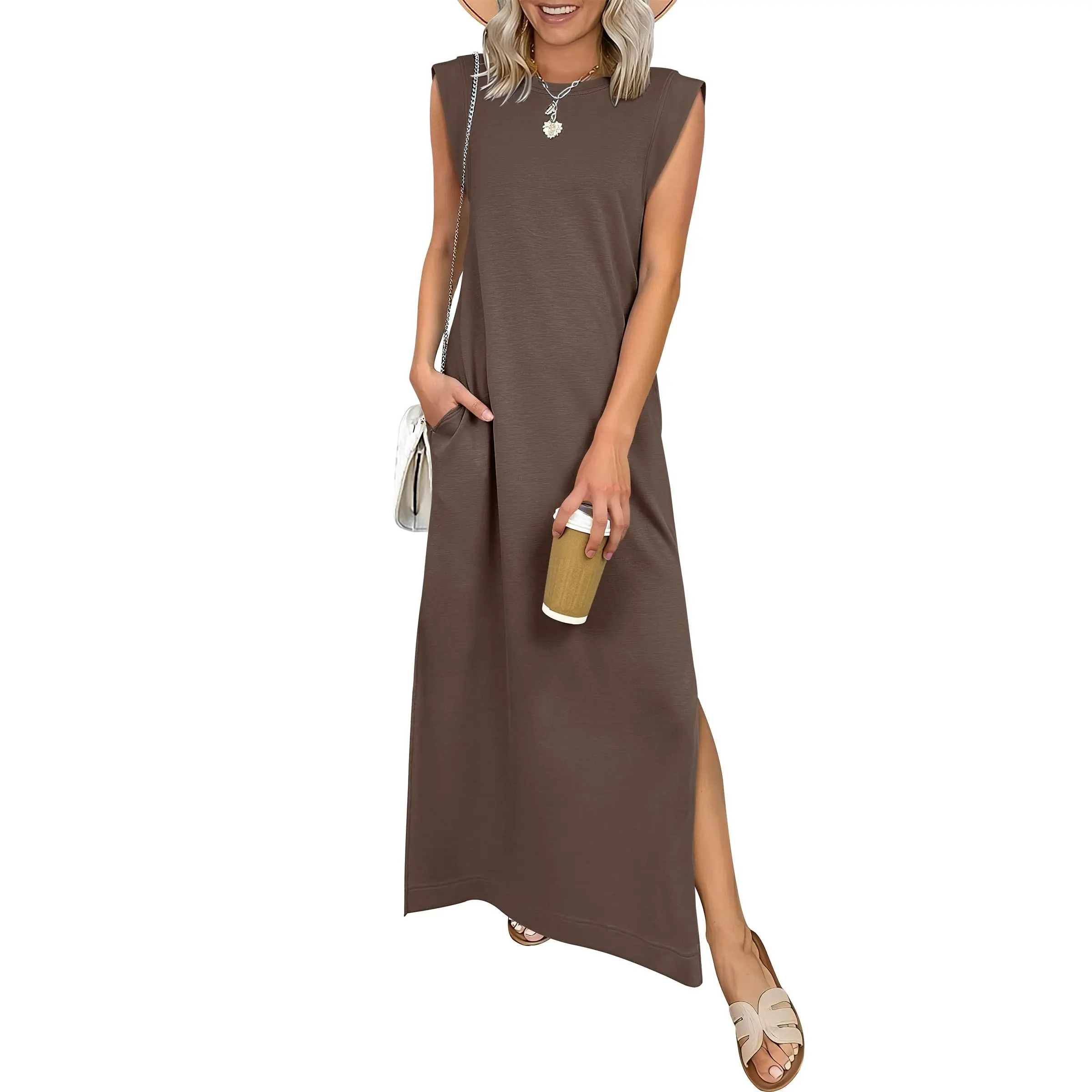 Summer Casual Sleeveless Maxi Dress 2026 Crewneck Loose Split Wrinkle-Free Beach Travel Vacation Long Sundress