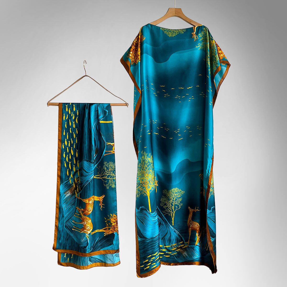 Women's Peacock Print Cape Shawl & Scarf Set, Elegant Beach Cover-Up For Holiday Vacation, Swimsuit Cover Up