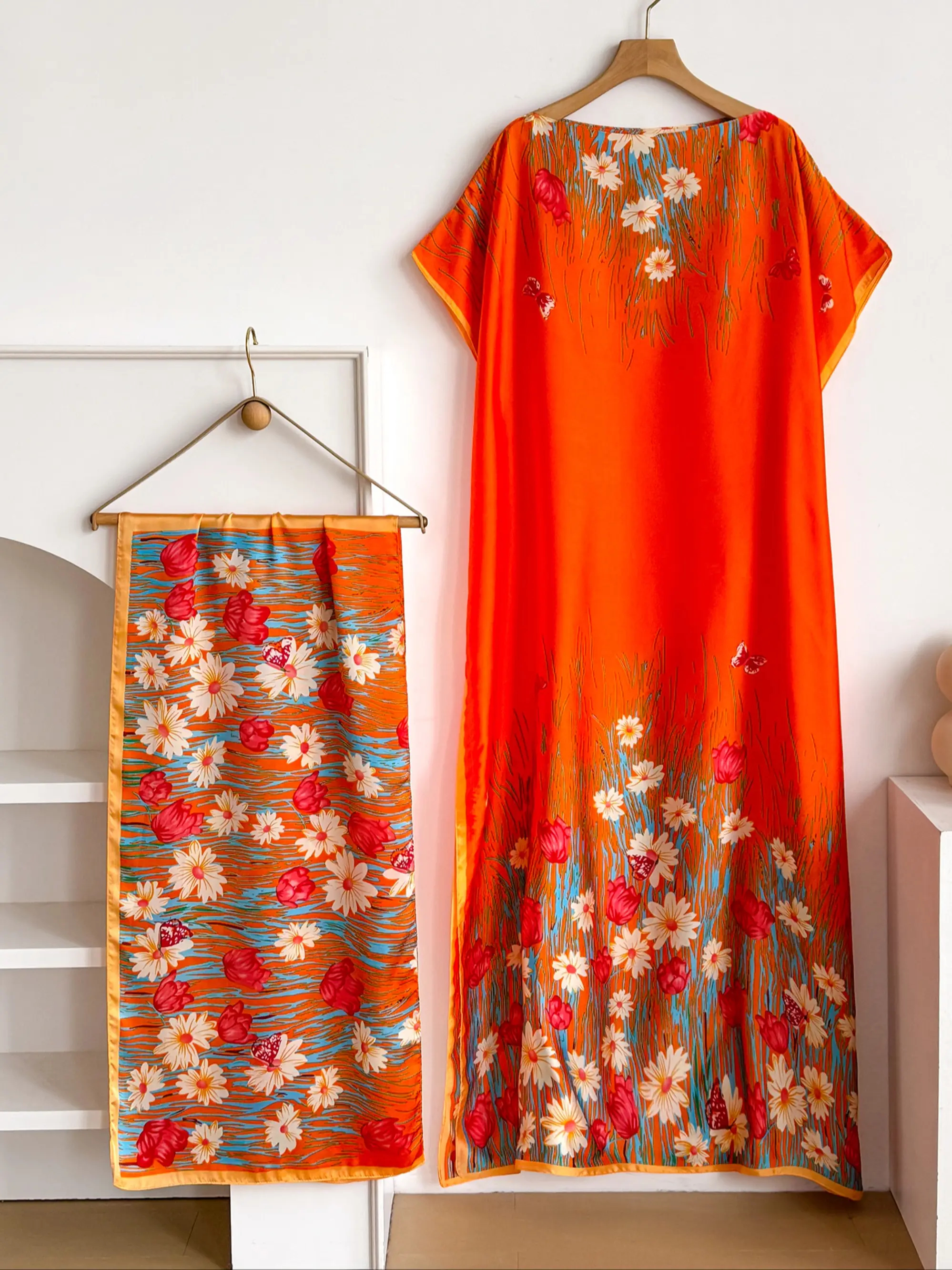 Women's Floral Print Lightweight Long Dress & Scarf Piece Set Outfit, Boho Casual Wear Shawl Dress & Scarf Set for Beach Vacation Holiday, Ladies Clothes for All Seasons