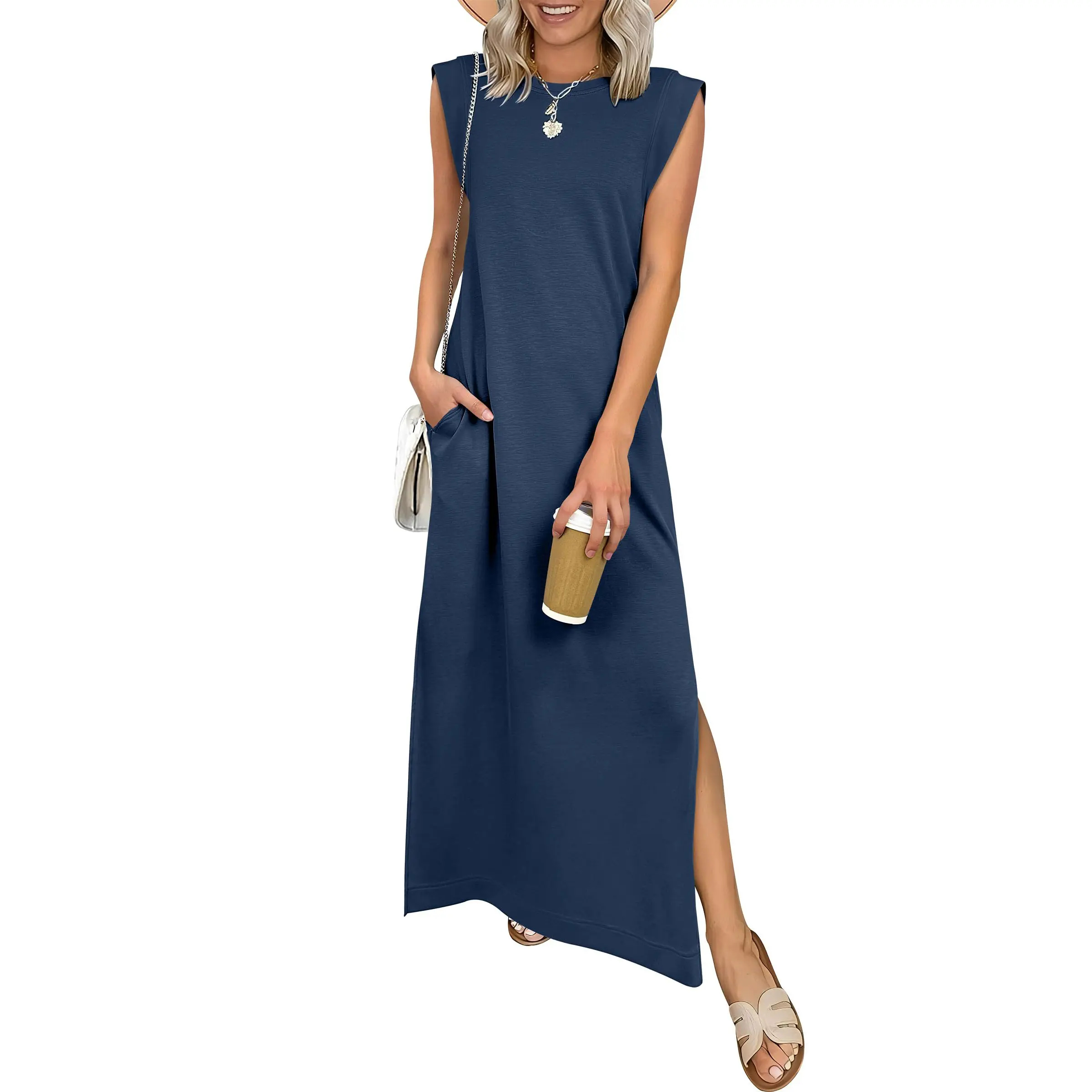 Summer Casual Sleeveless Maxi Dress 2026 Crewneck Loose Split Wrinkle-Free Beach Travel Vacation Long Sundress