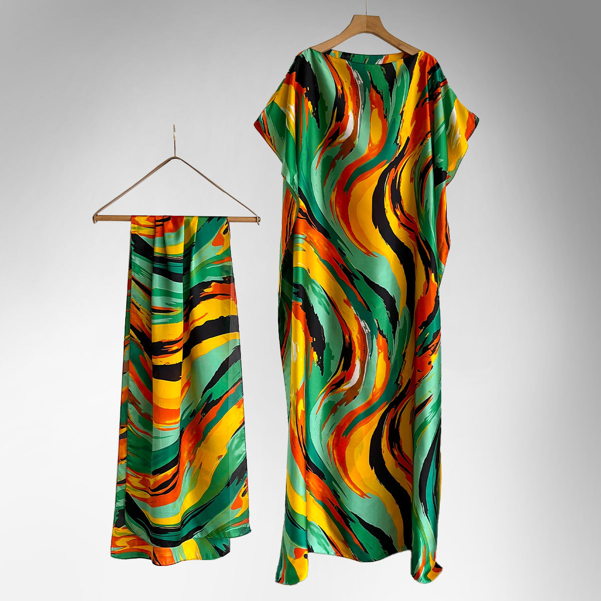 Women's Peacock Print Cape Shawl & Scarf Set, Elegant Beach Cover-Up For Holiday Vacation, Swimsuit Cover Up