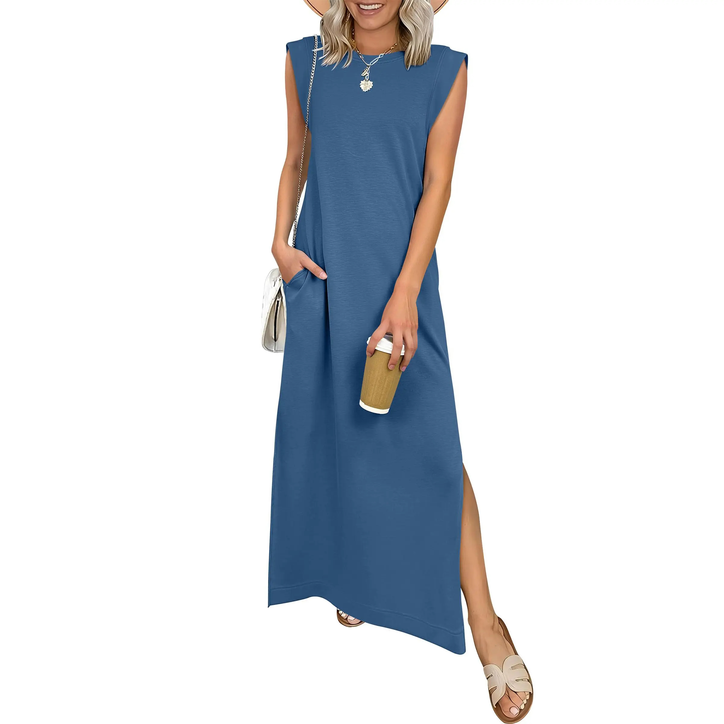 Summer Casual Sleeveless Maxi Dress 2026 Crewneck Loose Split Wrinkle-Free Beach Travel Vacation Long Sundress