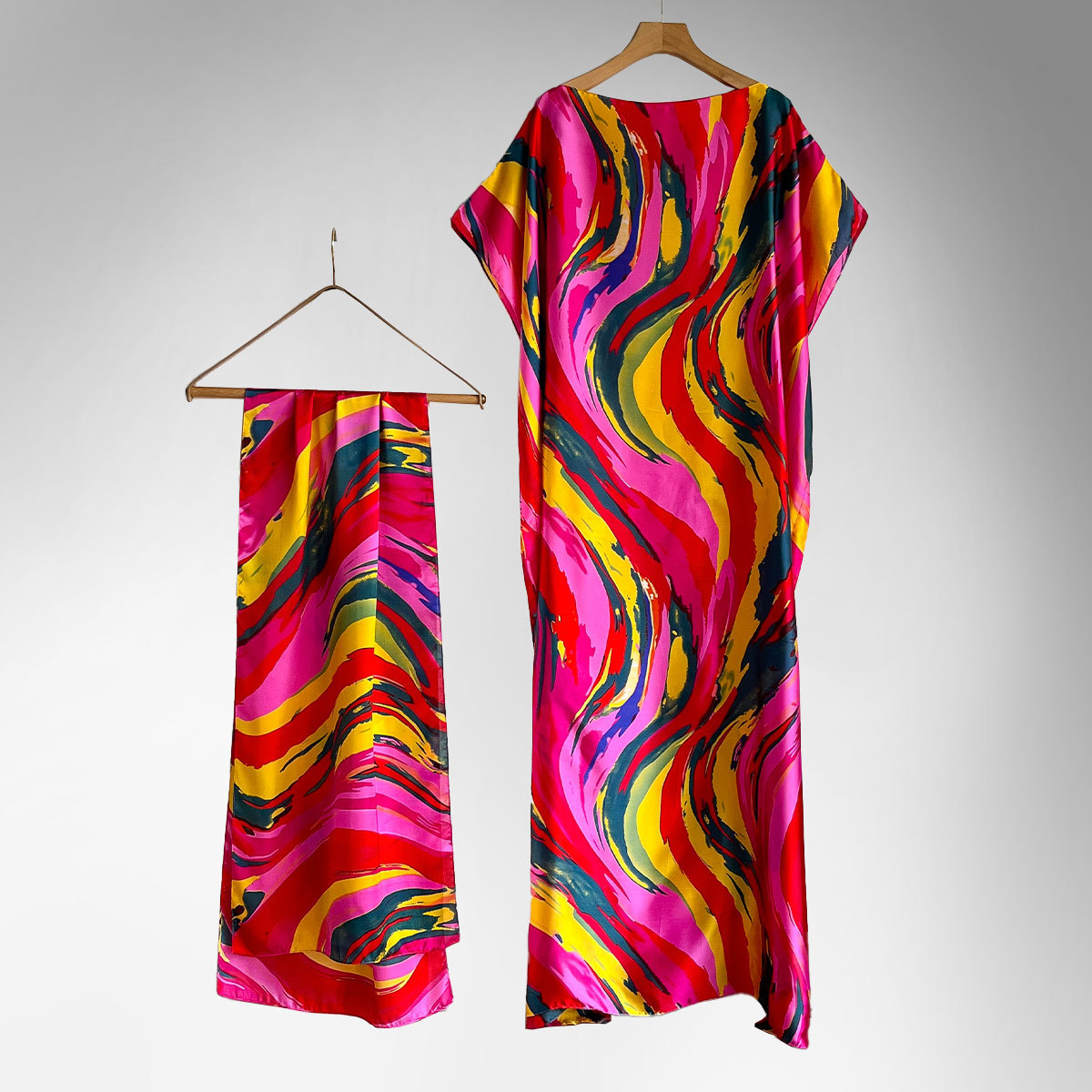 Women's Peacock Print Cape Shawl & Scarf Set, Elegant Beach Cover-Up For Holiday Vacation, Swimsuit Cover Up